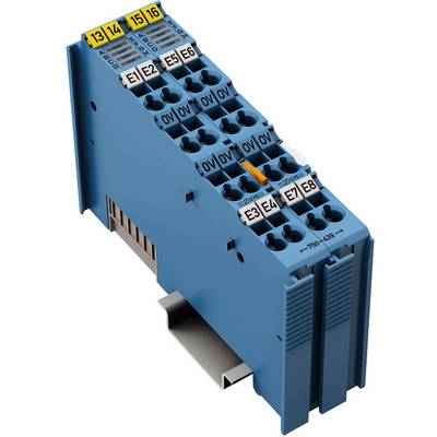 En blå elektronikmodul med flera ingångar och platser, numrerade från 13 till 16 samt E1 till E4, visas.