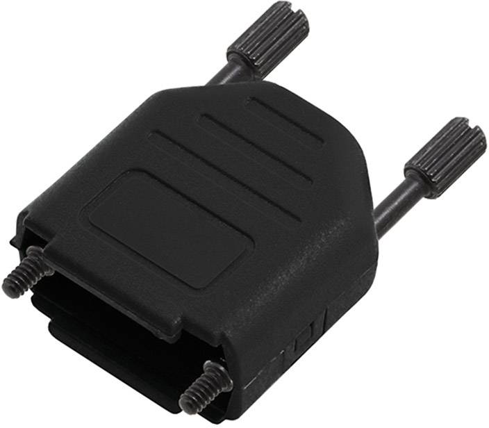 Ett svart D-Sub-kontakthölje med två skruvkontakter av metall.