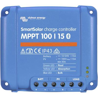 Blå solcellsladdregulator, märkt med 'SmartSolar charge controller MPPT 100/15'. Displayer för batteristatus och skyddstyper.