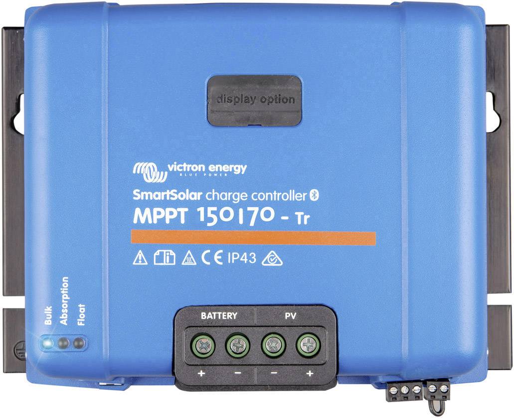 Blå MPPT-solarladdare från Victron Energy, modell SmartSolar 150/70-Tr, med anslutningar och LED-indikatorer för batteristatus.