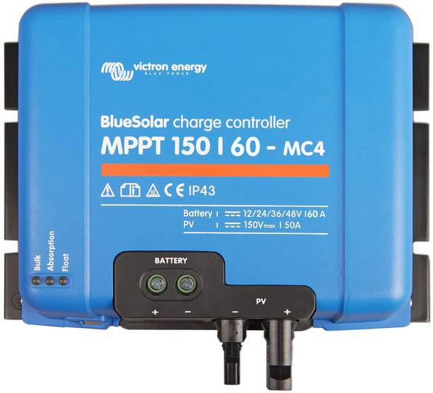 Blå solcellsladdregulator 'BlueSolar MPPT 150 I 60 - MC4' från Victron Energy, visar batteriprestanda och solpanelsspänning.