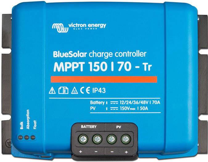 Blå solarladdningsregulator från Victron Energy, modell 'BlueSolar MPPT 150 | 70 - Tr', visar IP43-skydd och batteri/solpanelsanslutningar.