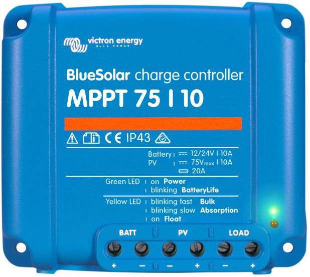 Blå solcellsladdningsregulator med texten 'BlueSolar charge controller MPPT 75 I 10'. LED-lampor visar driftstatusen.