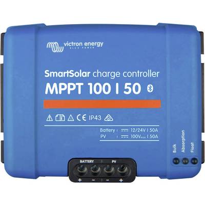 Blå SmartSolar laddregulator med MPPT 100/50 från Victron Energy, IP43, för batterier 12/24V och solpaneler 100V, Bluetooth-kompatibel.