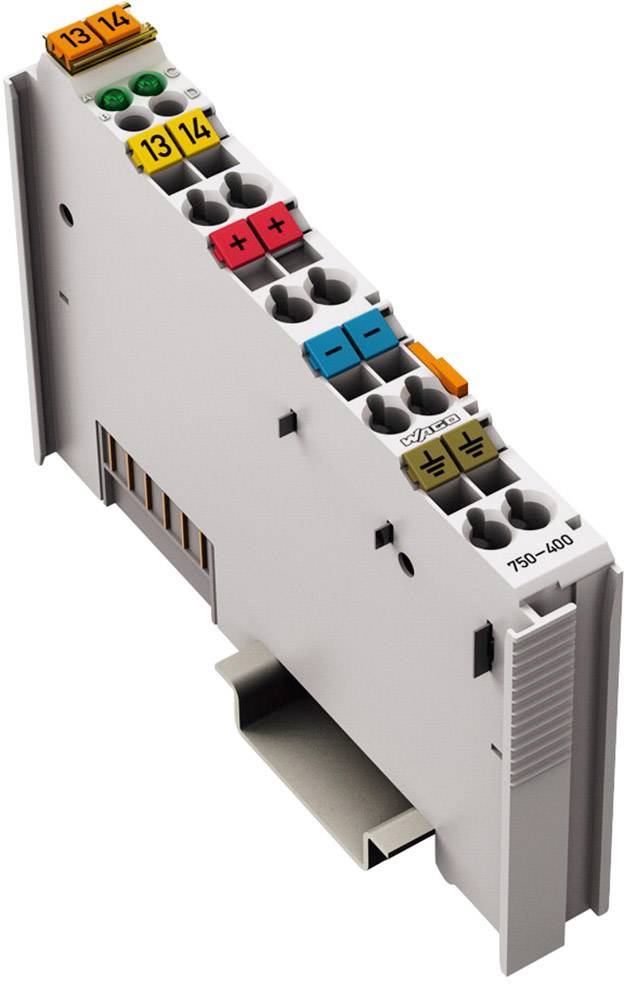 En vit elektronisk modul med olika färgade anslutningar och påskriften '750-400'.