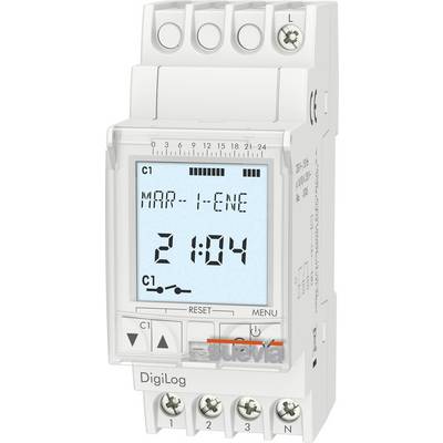 Digital timer med display, visar 'MAR - 1-ENE' och '21:04'. Knappar för återställning och meny längst ner, anslutningsklämmor överst och längst ner.