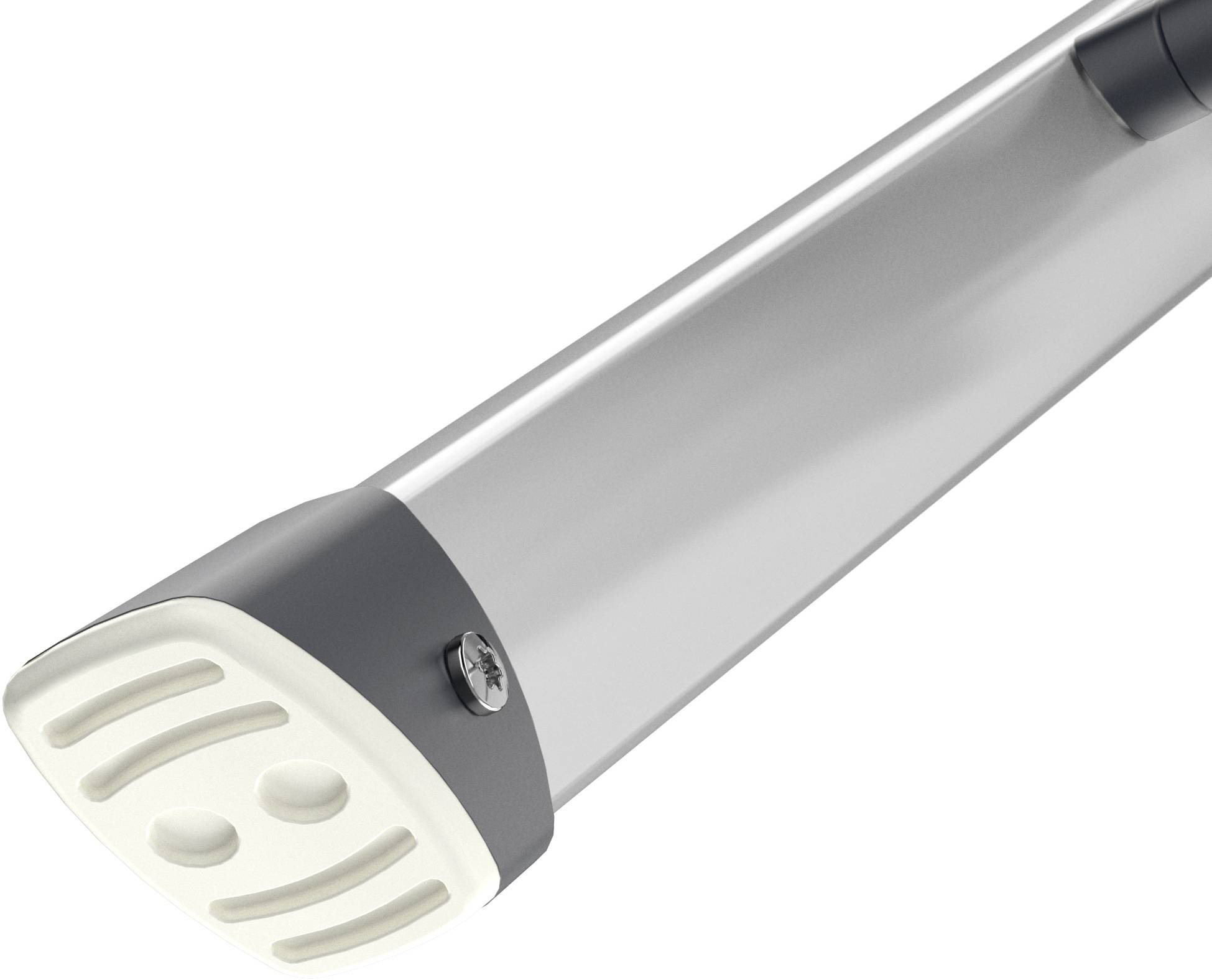 Närbild av ett modernt, silverfärgat dörrhandtag med grå och vita accenter. Handtaget har en minimalistisk design.