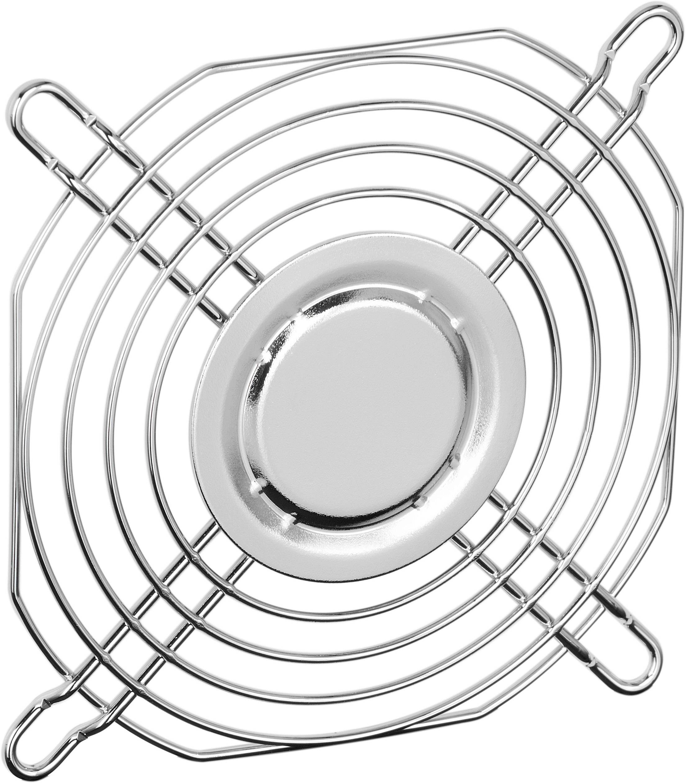 Metallisk fläktgaller med cirkelformade ringar, en blank skiva i mitten. Kvadratisk form med avrundade hörn.