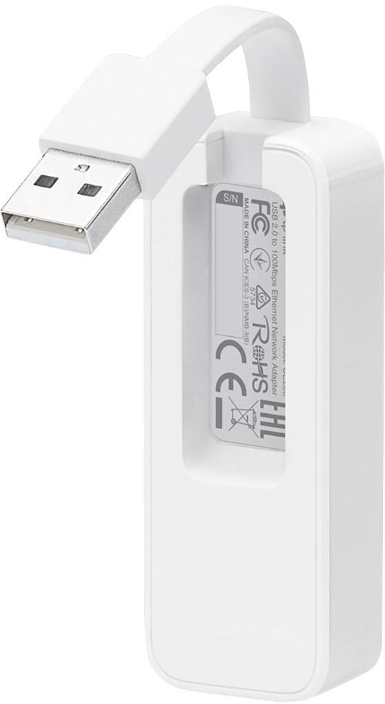Vit USB-sticka med avtagbar kapsel, visar tekniska certifieringar på baksidan.