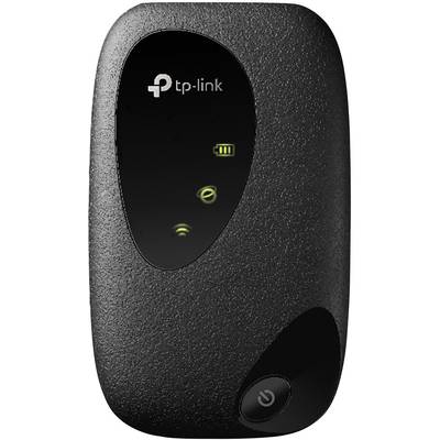 En svart mobil WiFi-router från TP-Link med tre lysande indikatorer för ström, nätverk och WiFi-anslutning.