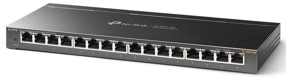Nätverksswitch med 16 Ethernet-portar. Märke: TP-Link, Modell: TL-SG1016E. Lämplig för anslutning av flera enheter i ett nätverk.