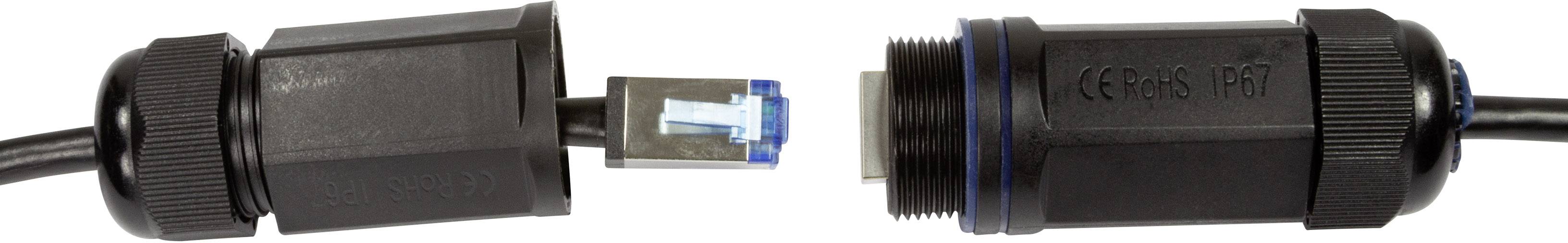 Två svarta, vattentäta kontakter som visar ett nätverkskabel och en Ethernet-kabelanslutning, separerade och klargjorda för anslutning.