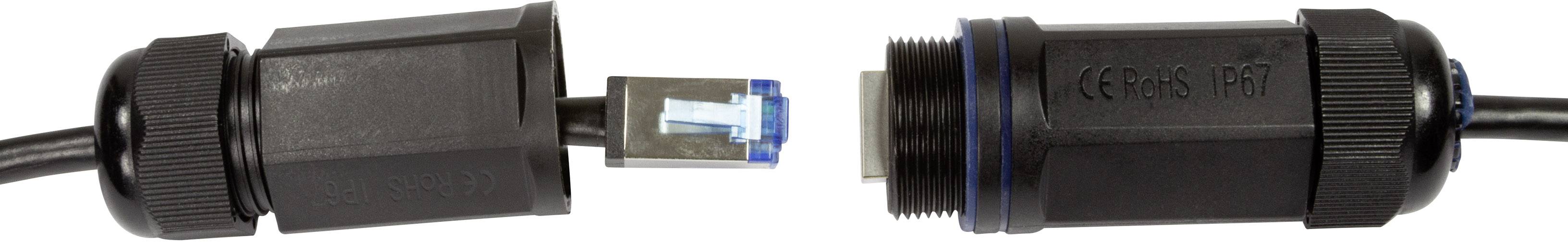 Två svarta nätverksuttag med Ethernet-kabel, klargjorda för anslutning. Den vänstra kontakten har ett blått kabelslut, den högra har en blå tätningsring.