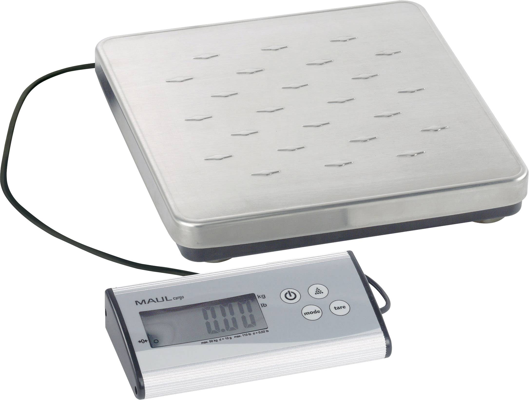 Elektronisk brevvåg med digitalt display som visar 0,000 kg. Silverfärgad vågplatta, ansluten till displayen via en kabel.