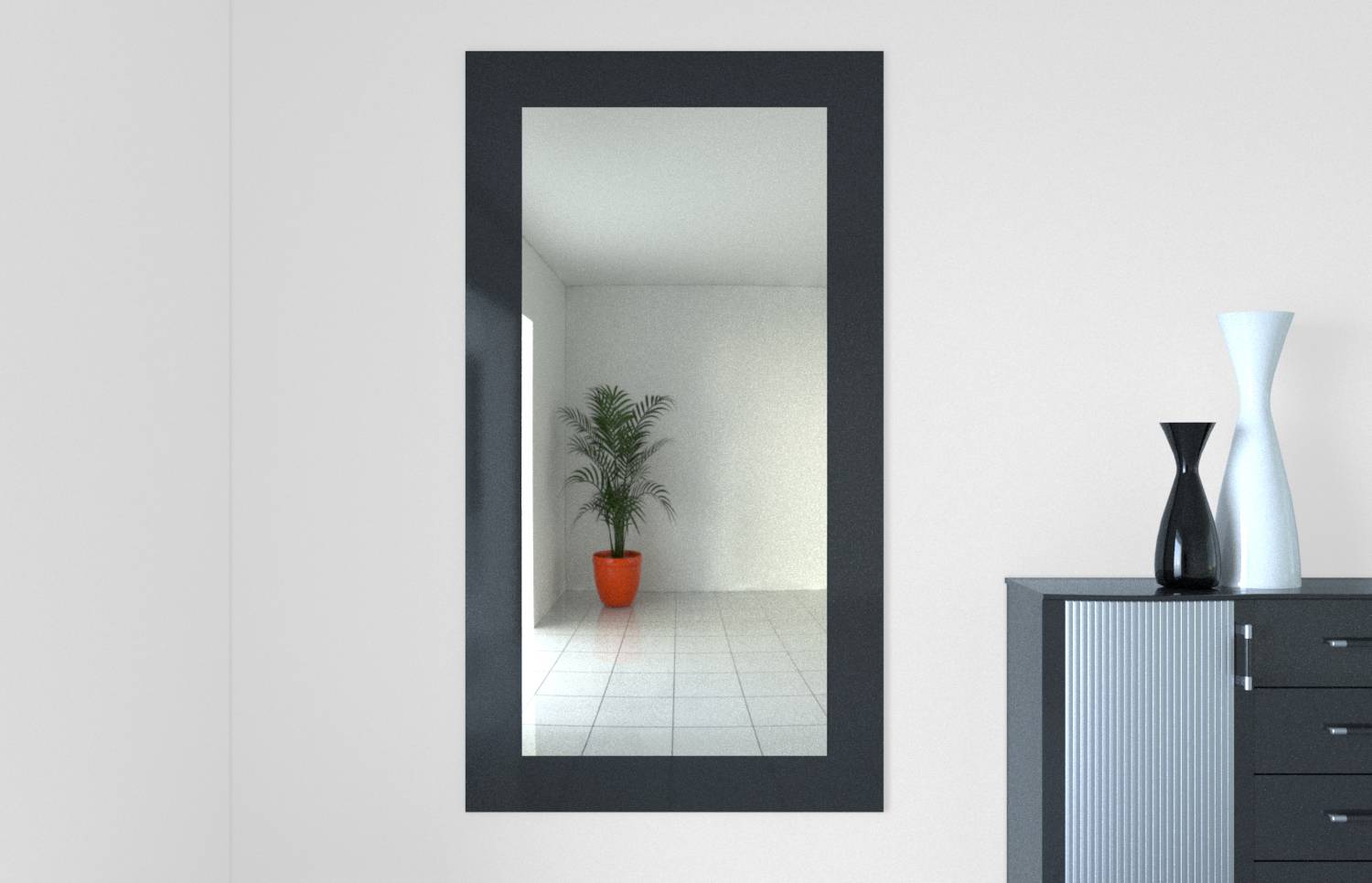 En brandvarnare är installerad i taket i ett modernt inrett rum, bredvid en trappa och en inramad tavla.