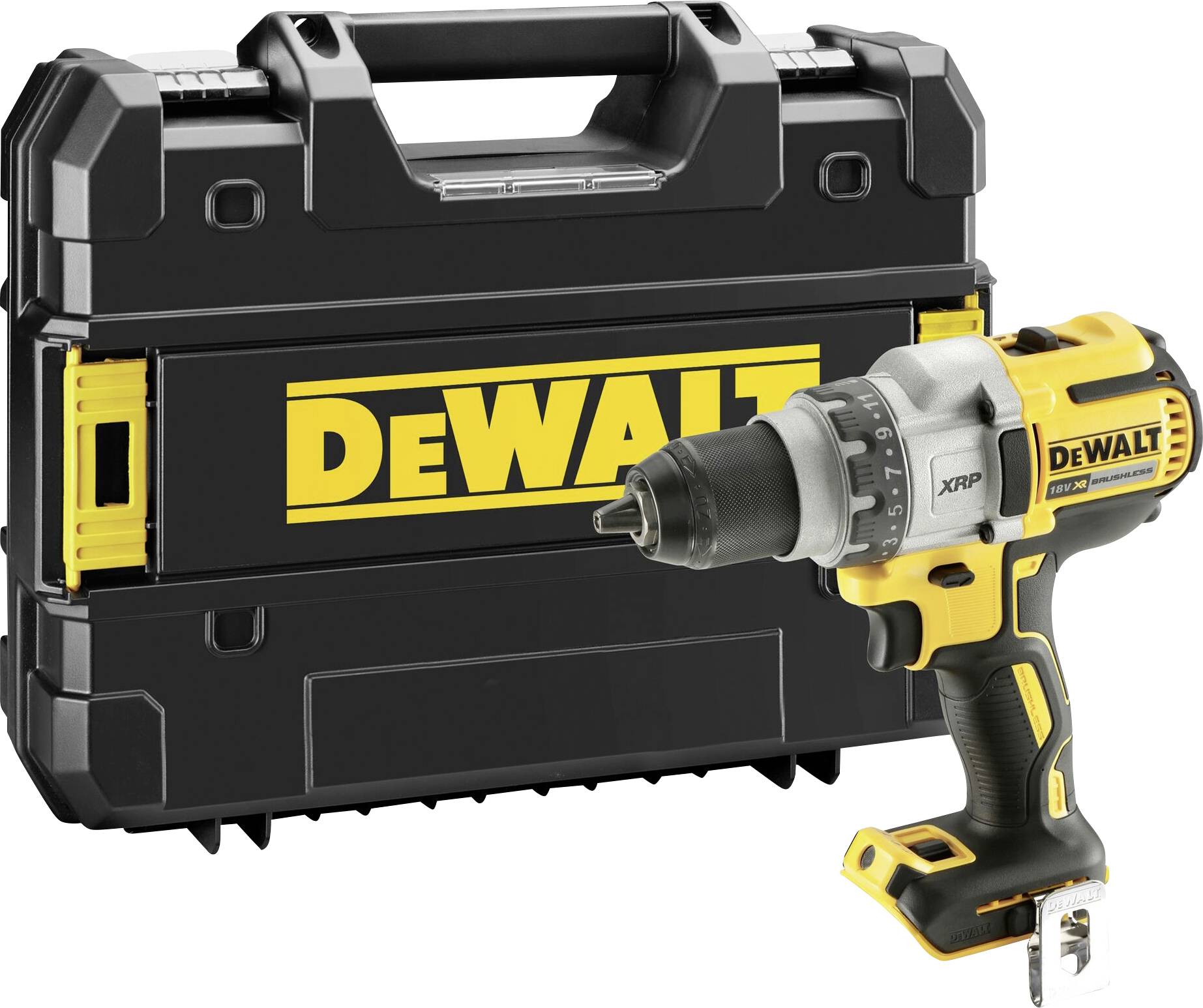 En sladdlös skruvdragare i svart och gult framför ett svart fodral med DeWALT-logotyp.
