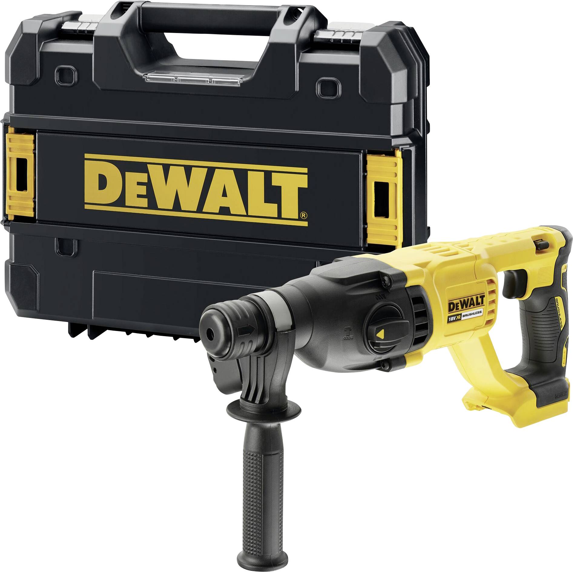 DeWalt borrmmaskin med en svart, robust väska i bakgrunden, använd för hantverksarbeten och byggprojekt.