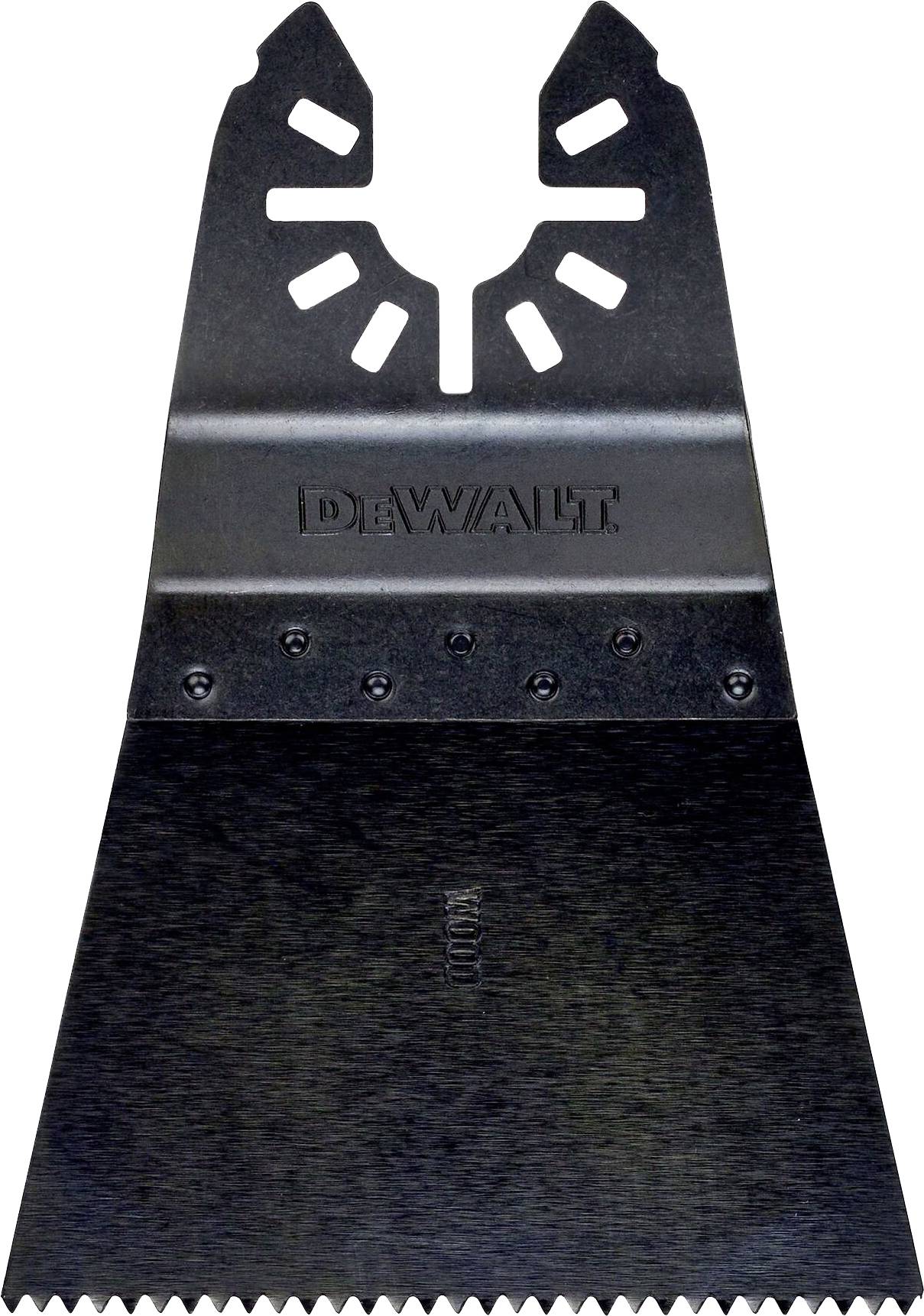 En trekantig, svart metallklinga med sågad kant och flera skåror längst upp. Logotypen 'DEWALT' är graverad i mitten.