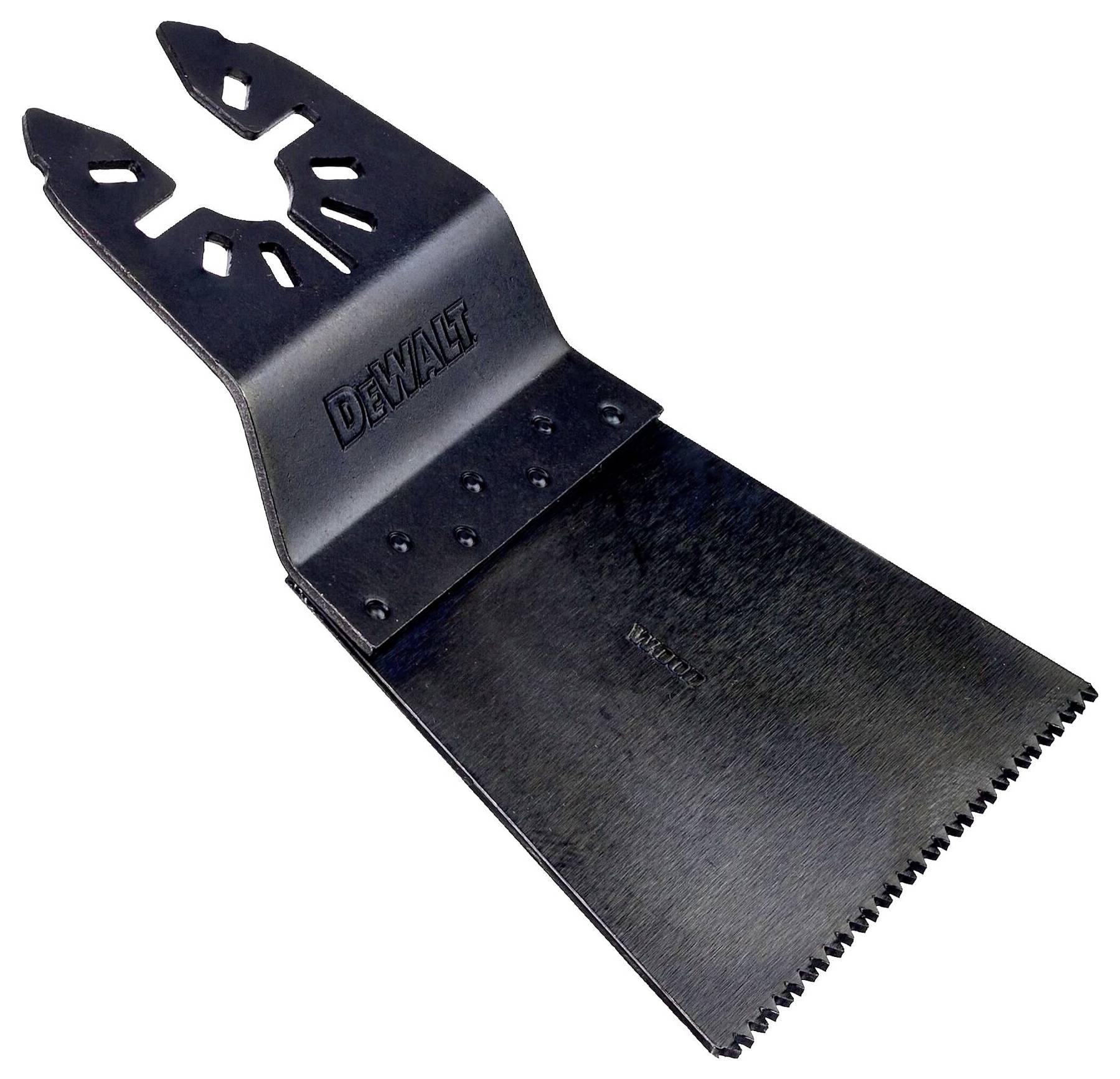 Svart DeWalt-sågblad, med tandad egg och karakteristiskt fäste, lämplig för kapning av olika material.