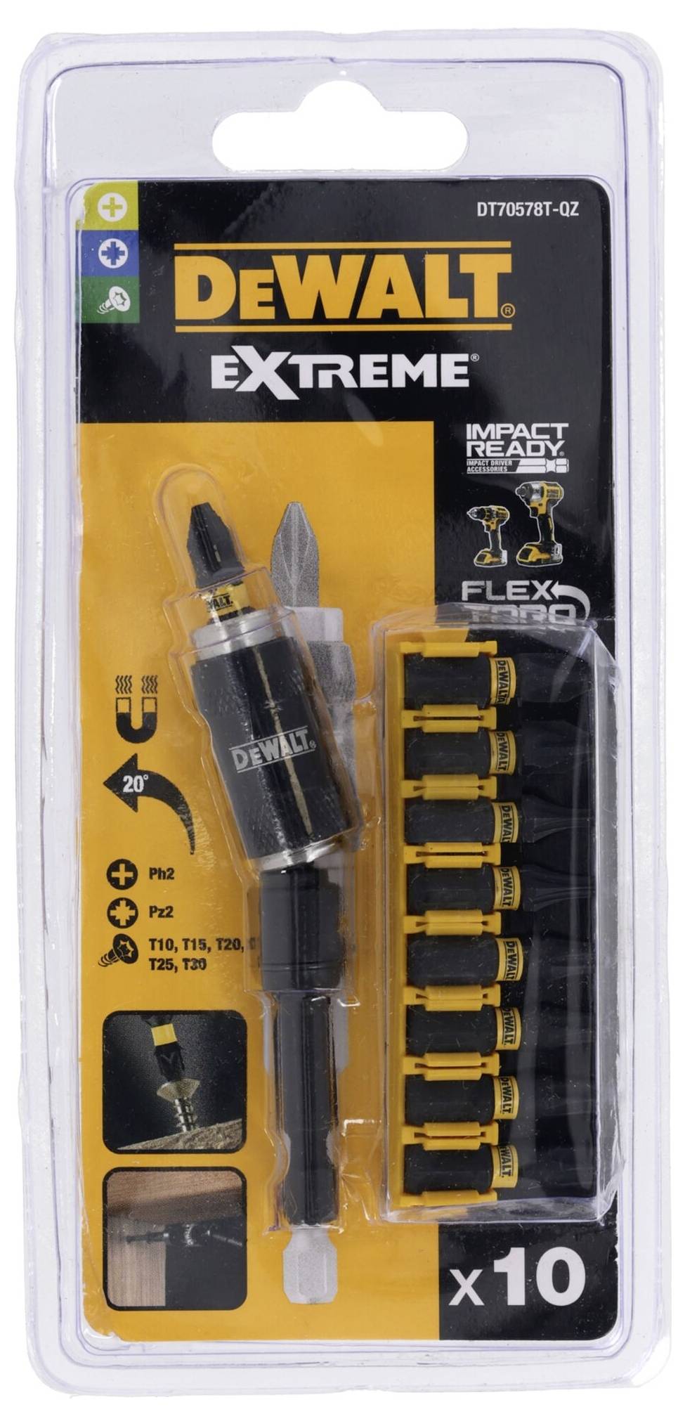 Förpackning för DeWalt Extreme skruvmejselbits. Innehåller tio bits och en magnetisk bithållare.