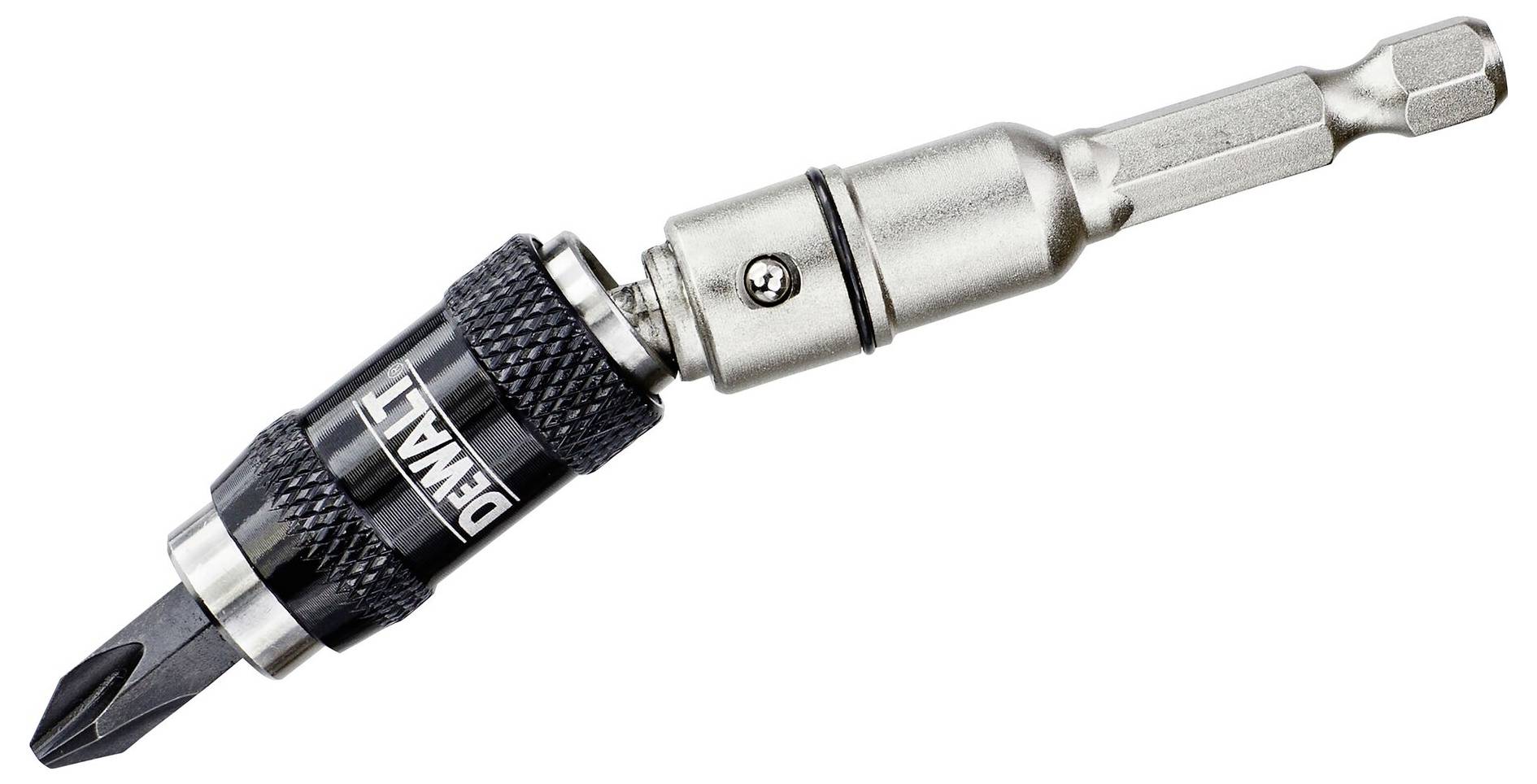 En silverfärgad magnetisk bitset från DEWALT med svart handtag och skruvmejselbit, lämplig för borr- och byggnadsarbeten.