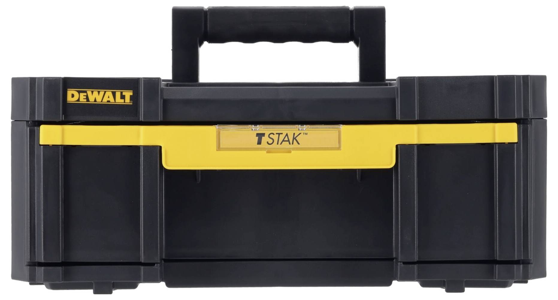Svart verktygslåda med gult handtag och 'DEWALT'-logotyp. Modell 'T STAK'.