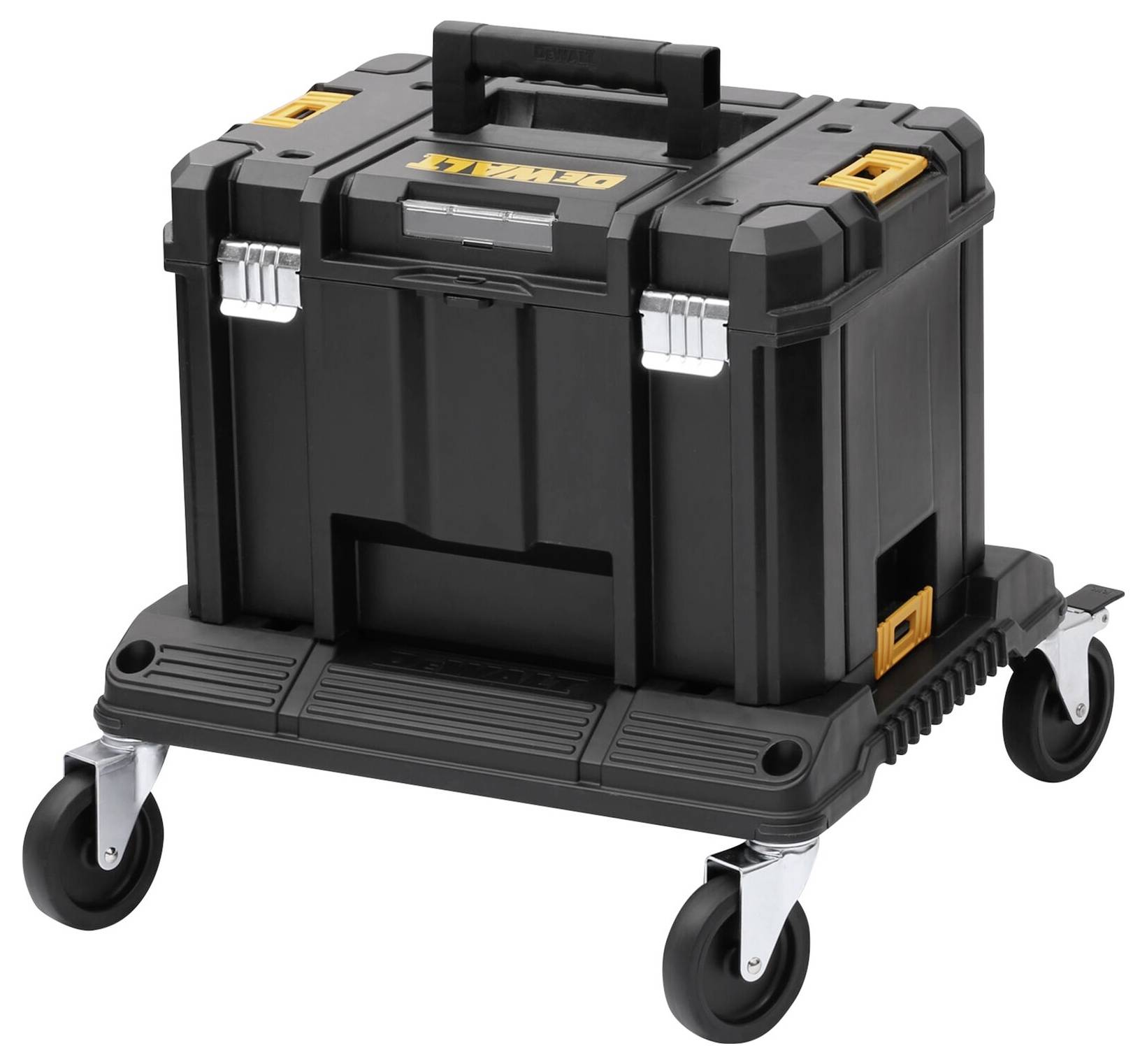 Svart verktygslåda med hjul och handtag, perfekt för mobilt bruk. Robust design med enkla transportmöjligheter.