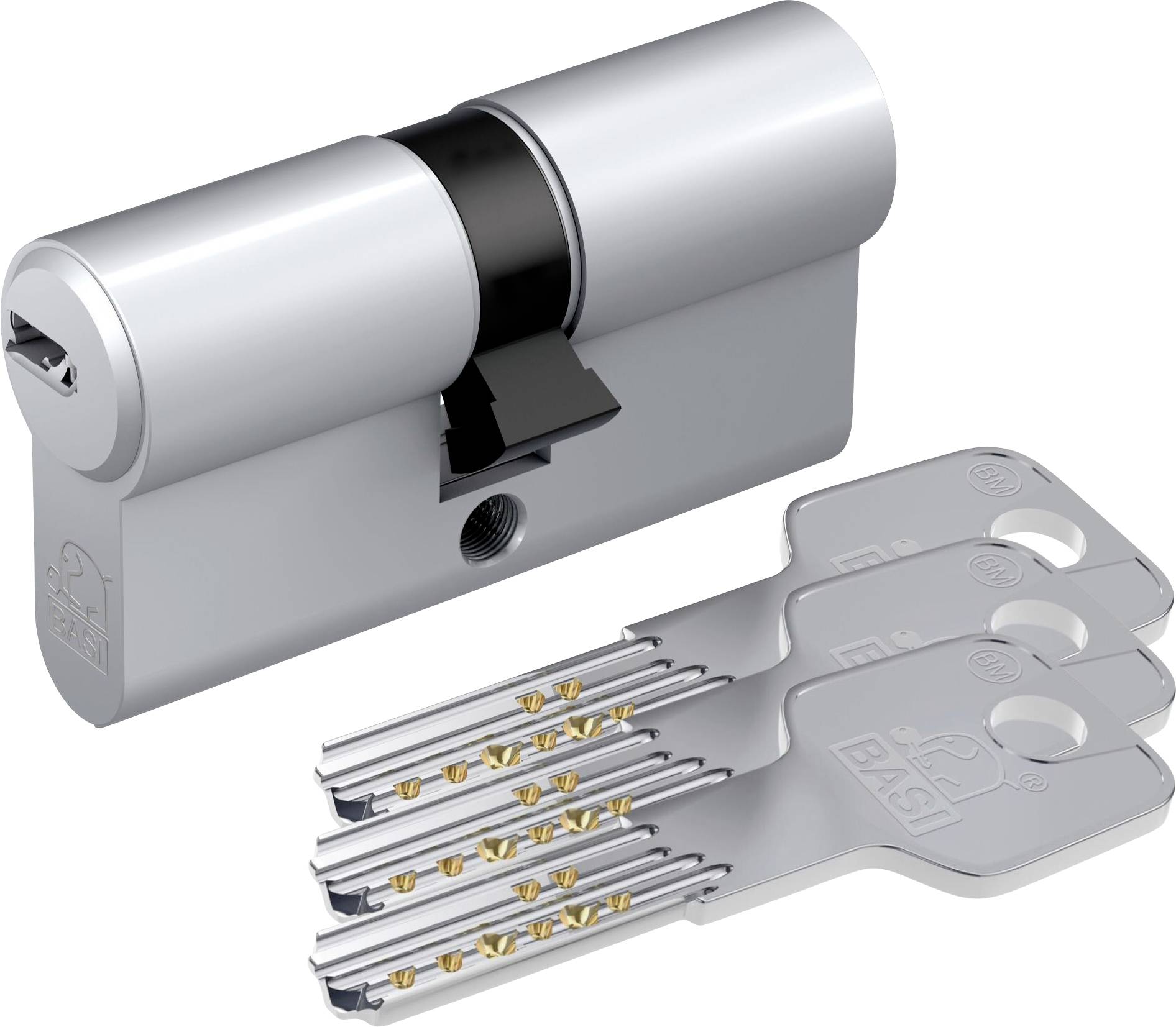 En silverfärgad cylinderlås med tre matchande nycklar, med 'Basi'-logotypen, som visar säkerhetsfunktioner och nyckeldesign.