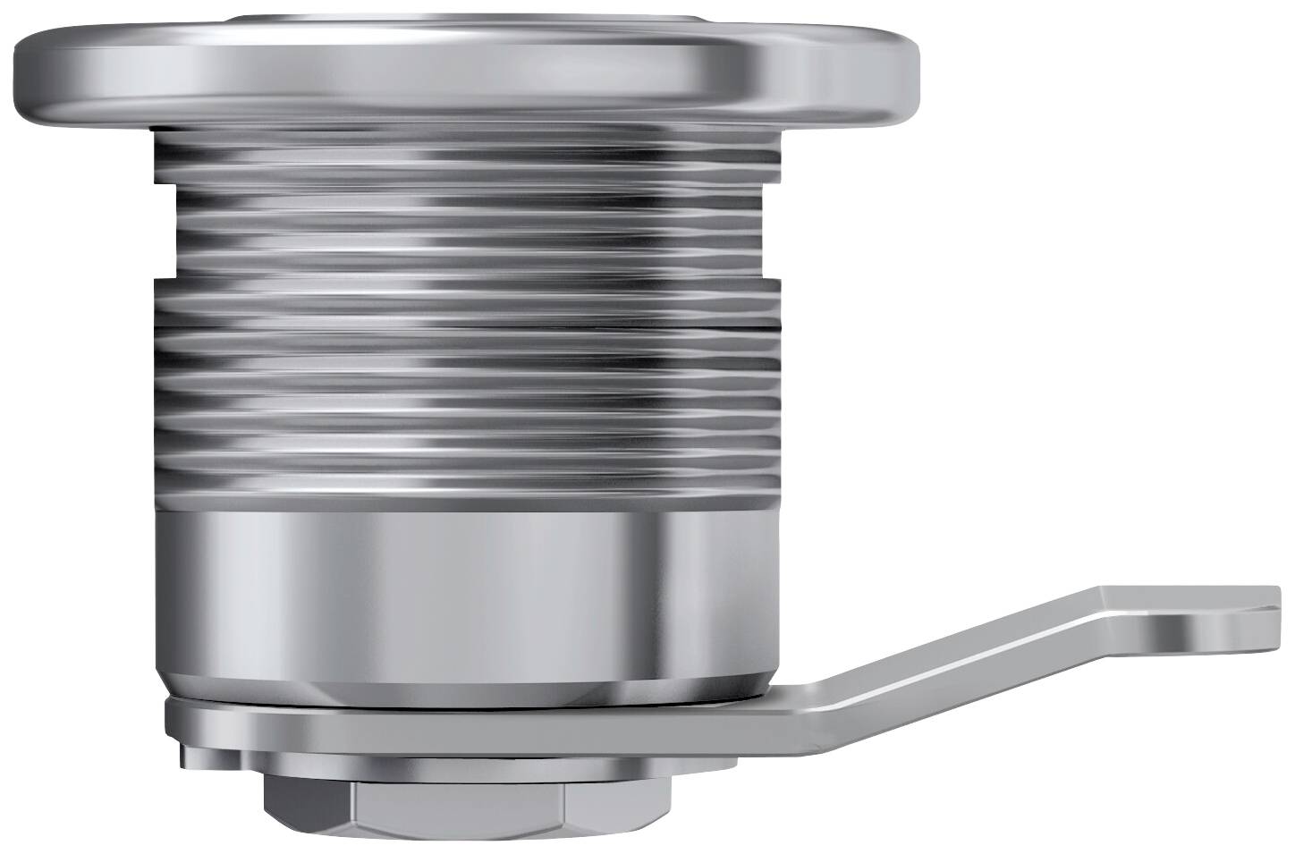 En silvergrå, cylindrisk metallkomponent med räfflad yta och en utskjutande spak på sidan.