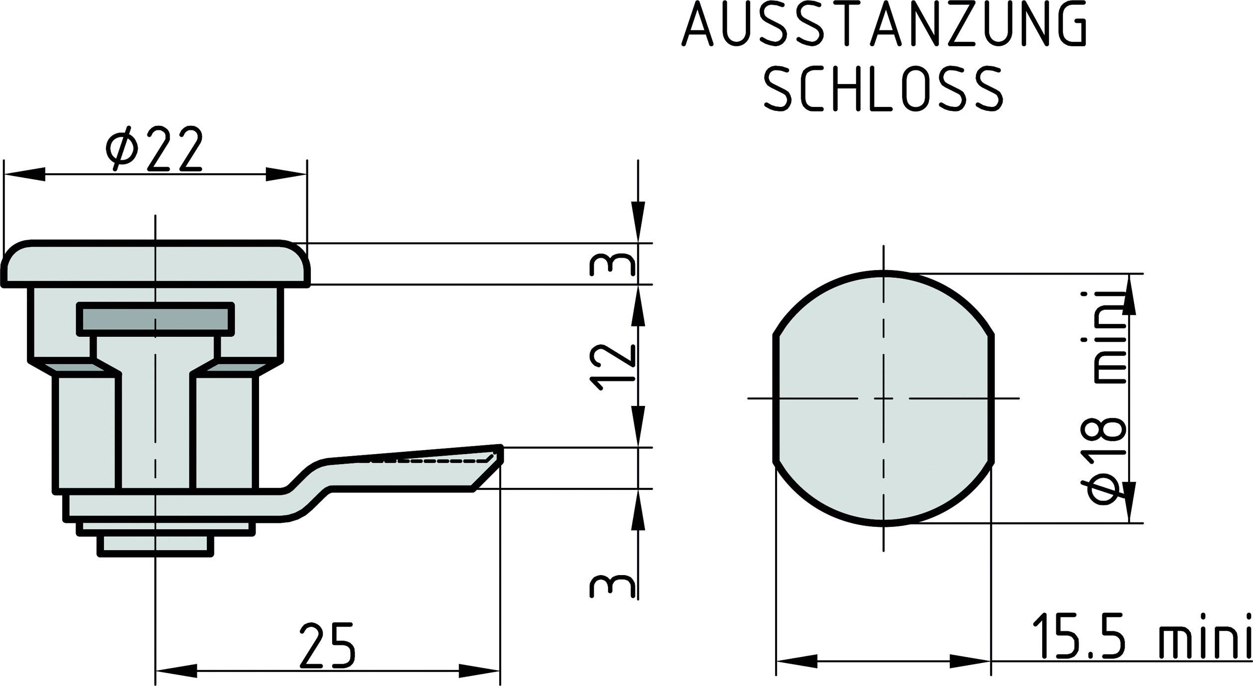 Teknisk ritning av ett lås med utstansade mått: Diameter 22 mm, höjd 12 mm. Monteringshål Ø18 mm, avstånd 15,5 mm.