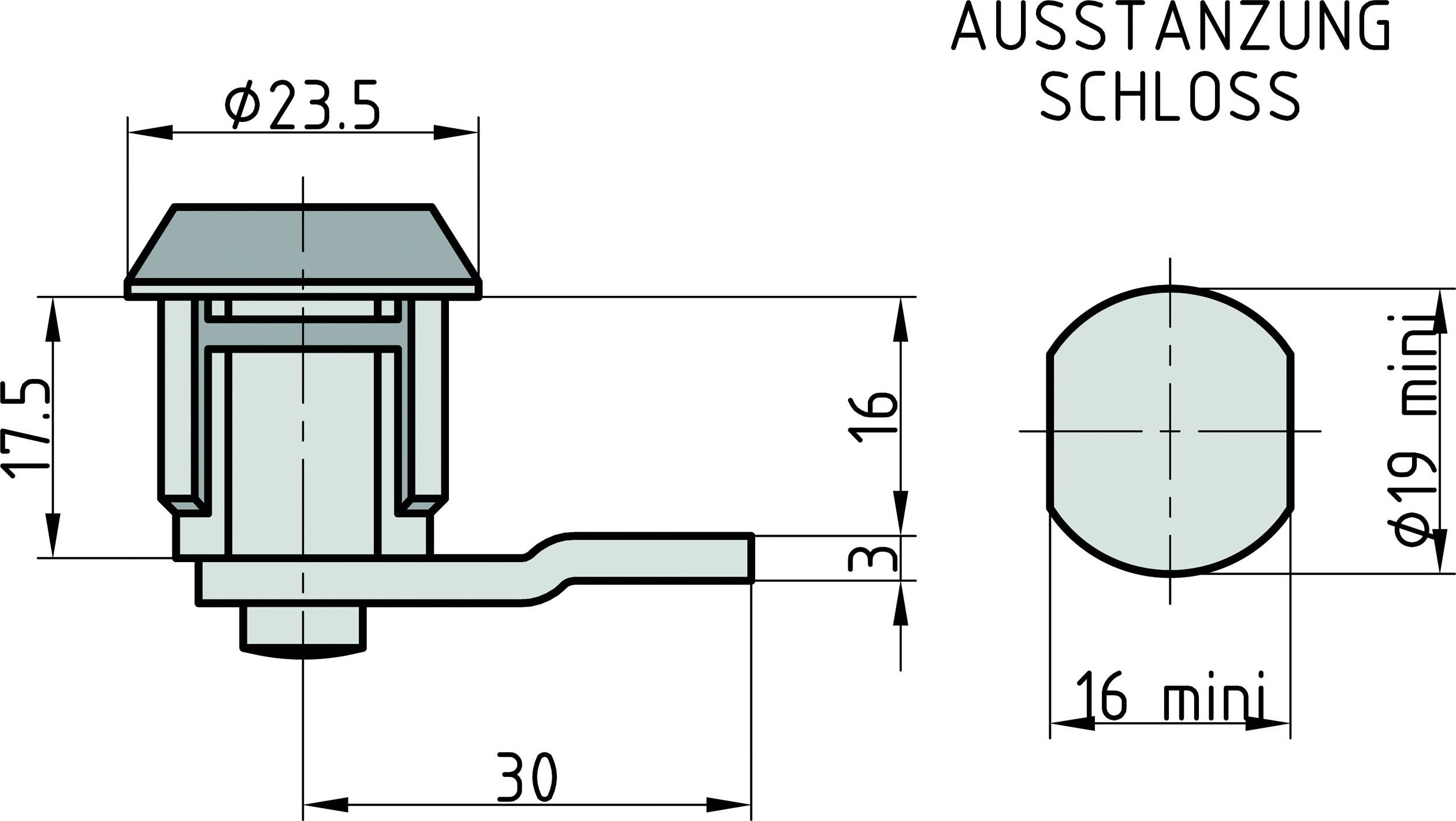Teknisk ritning av ett lås med mått. Huvudvy visar diameter på 23,5 mm, höjd 17,5 mm, bredd 30 mm.