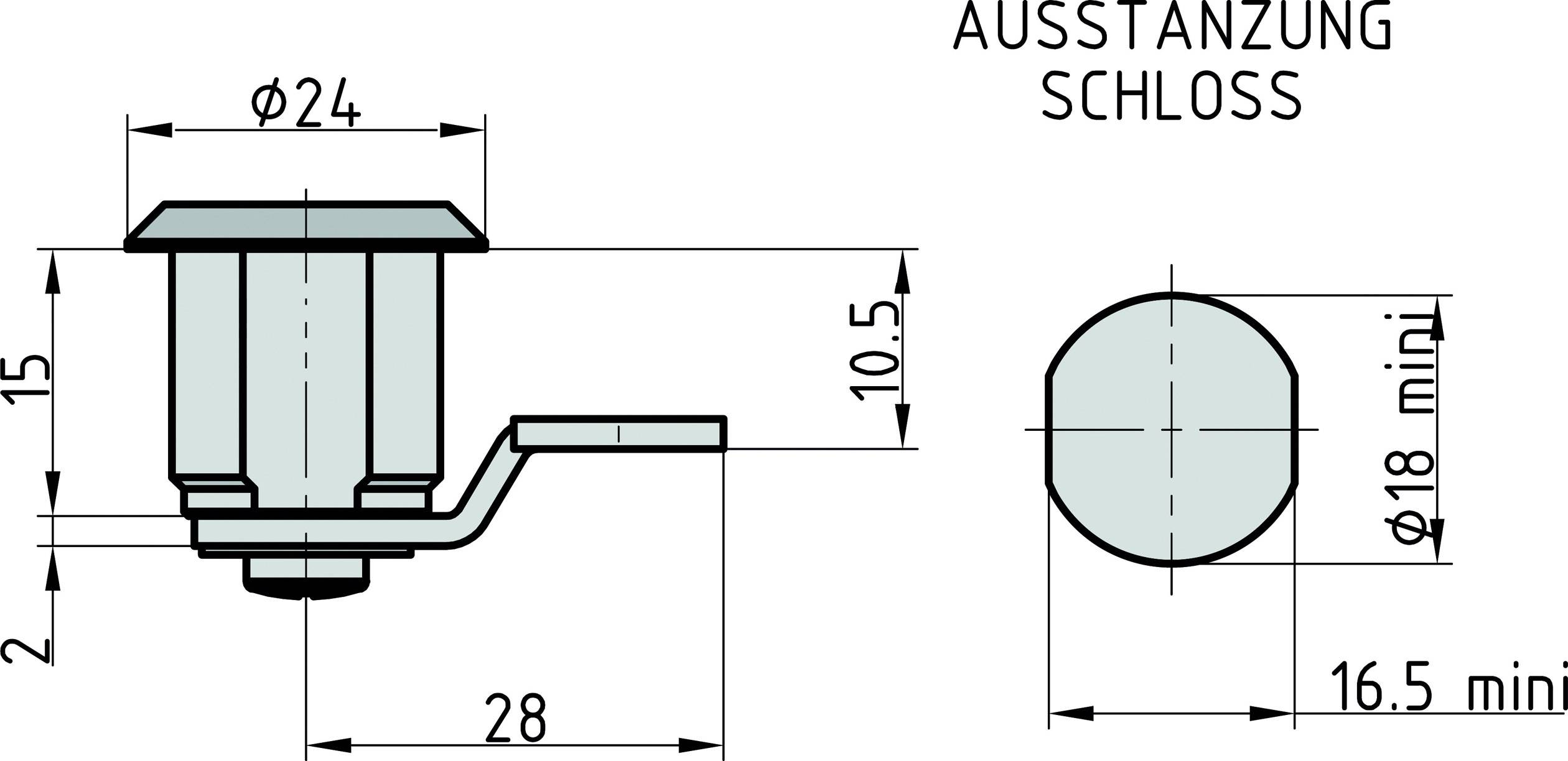 Teknisk ritning av ett lås med mått: Diameter 24 mm, låsöppning 18 mm, längd 28 mm. Titel: STANSNING LÅS.