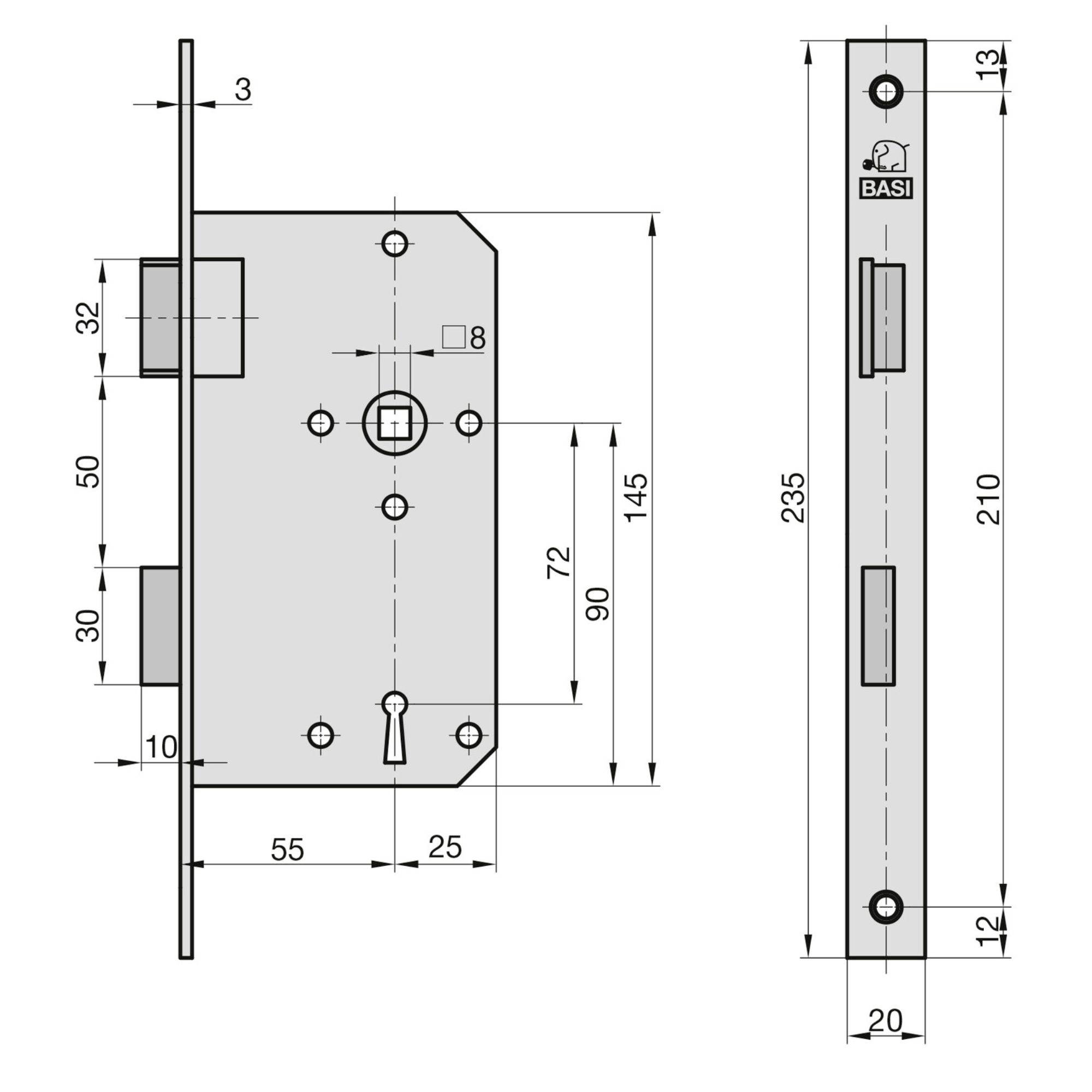 'Teknisk ritning av ett BASI dörrlås av mortise-typ med mått. Fram- och sidovyer visar dimensioner: 235mm höjd, 20mm bredd, 100mm längd på låsfasaden.'