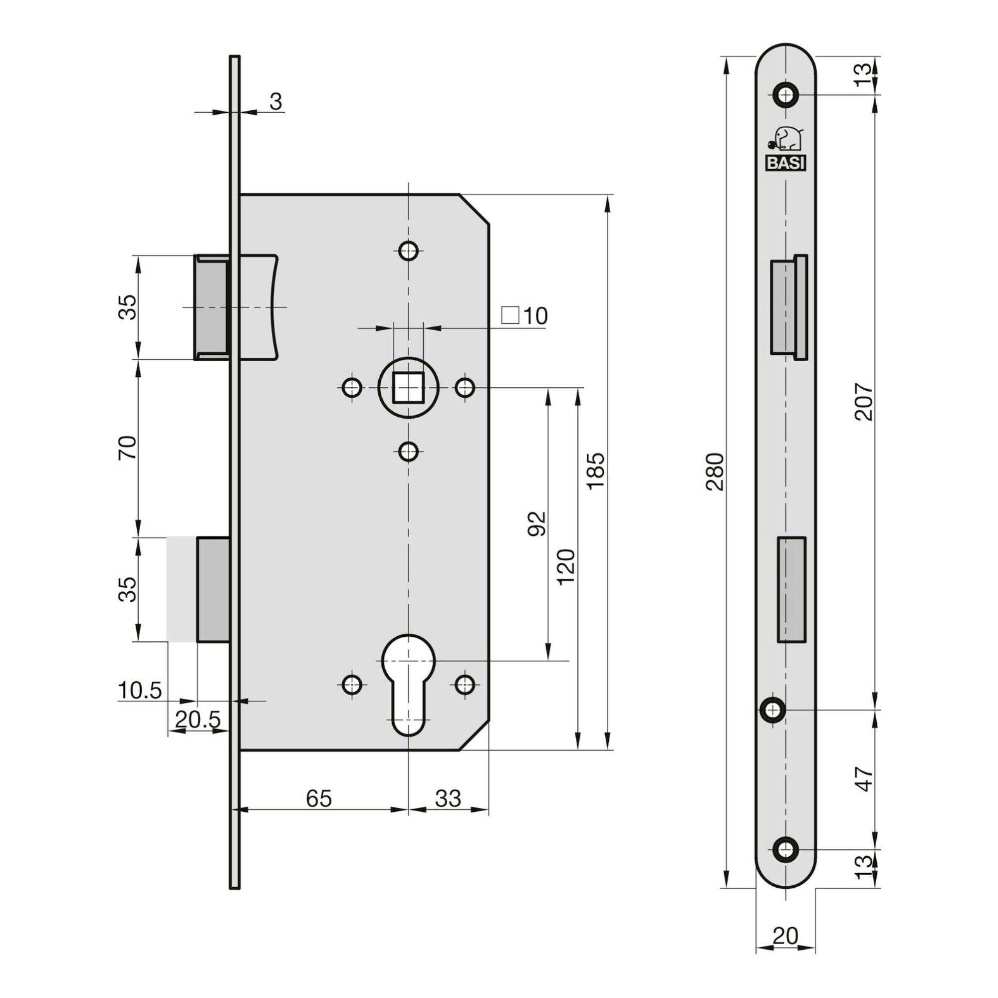 Teknisk ritning av ett dörrlås med dimensionsangivelser i millimeter. Detaljer som längd, bredd och position för borrhål är angivna.