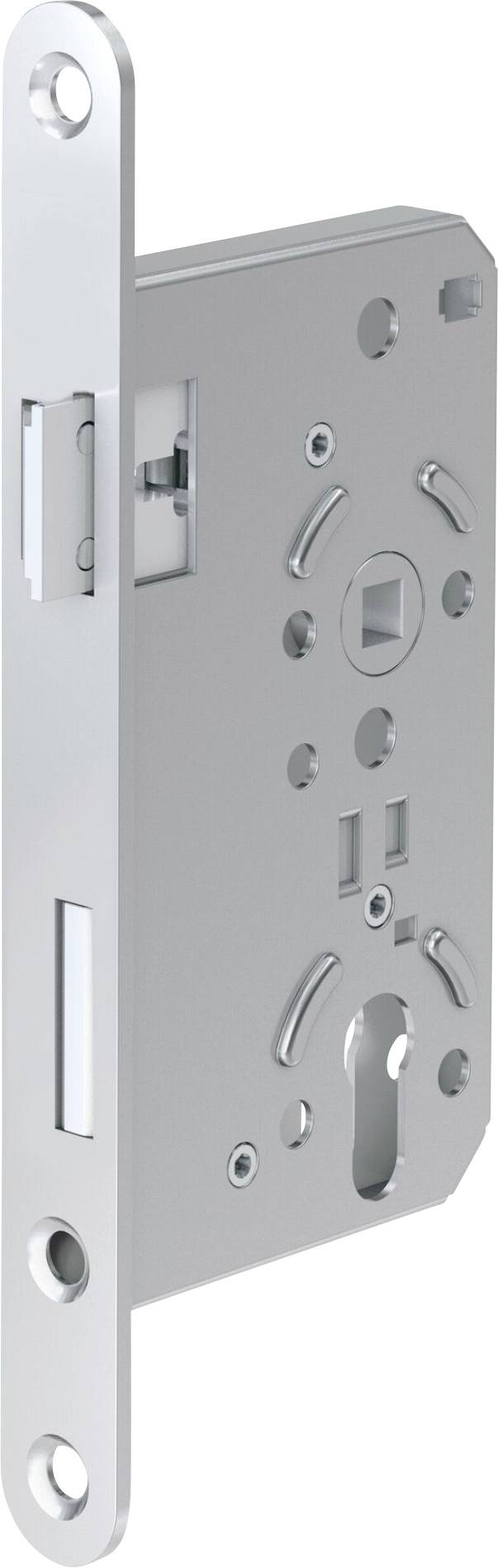 En metalldörrslåsmekanisme med cylindriska hål och nyckelfåra, utformad för installation i en dörr för säkerhet.