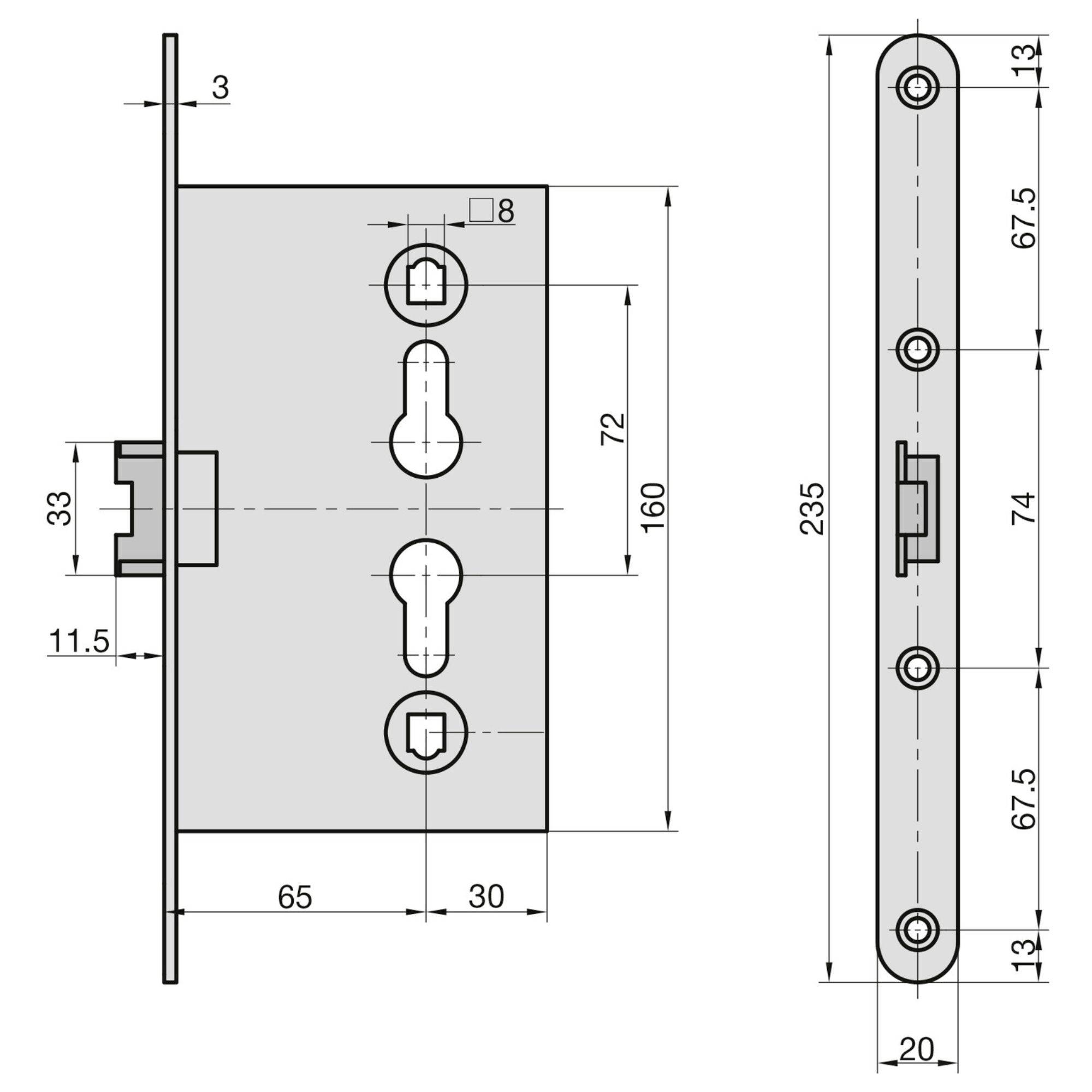 Teknisk ritning av ett dörrlås med dimensioner: Total storlek 235x160 mm, hållavstånd 72 mm. Sidovy visar bygel.