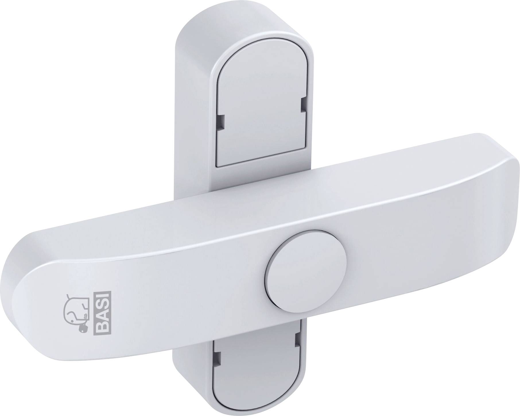 En silverfärgad säkerhetsdörrås med Basi-logotyp, utrustad med ett horisontellt handtag och nyckelcylinder, designad för ökad hemlig säkerhet.