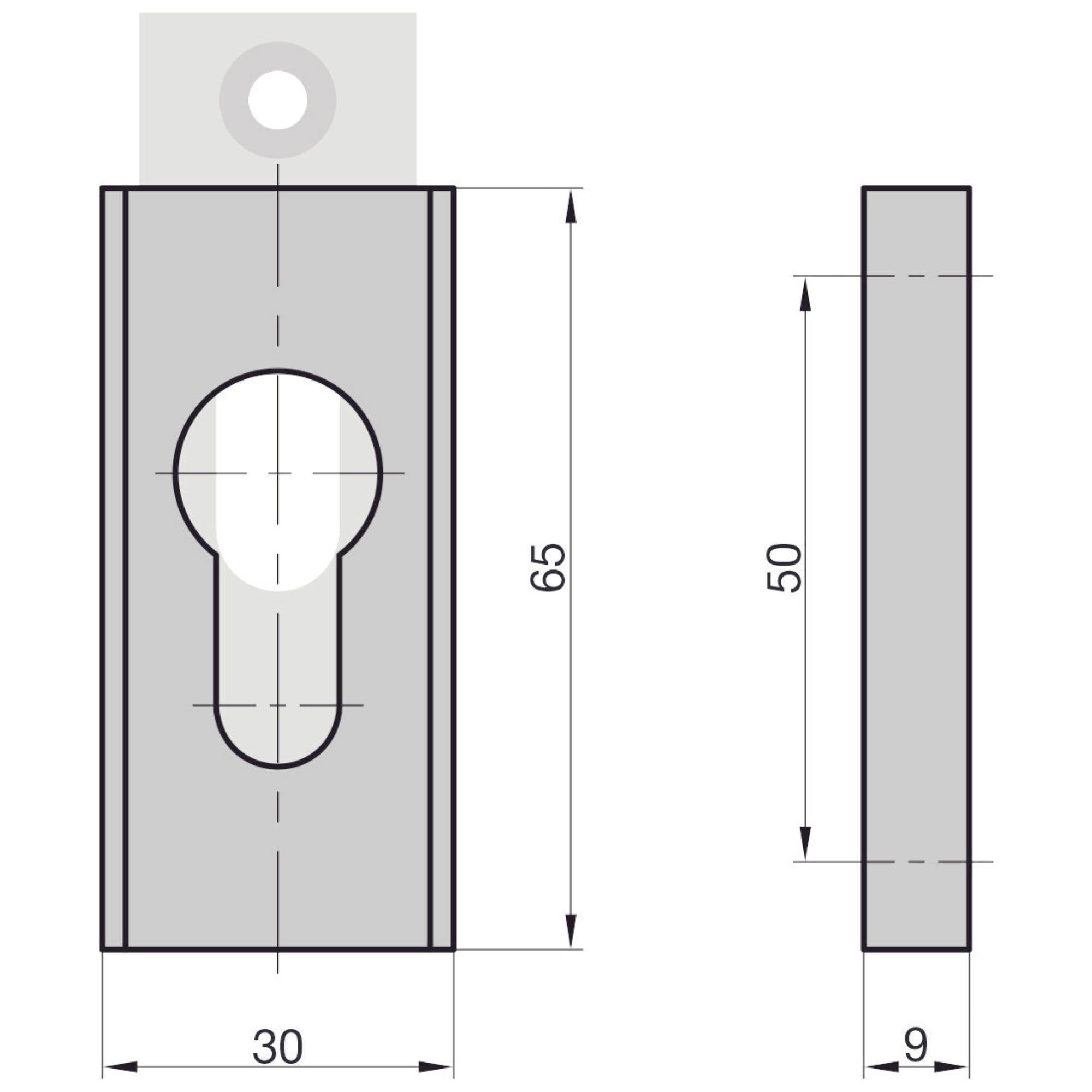 Teknisk ritning av ett rektangulärt nyckelskylt med dimensioner: 65 mm höjd, 30 mm bredd, 9 mm djup.