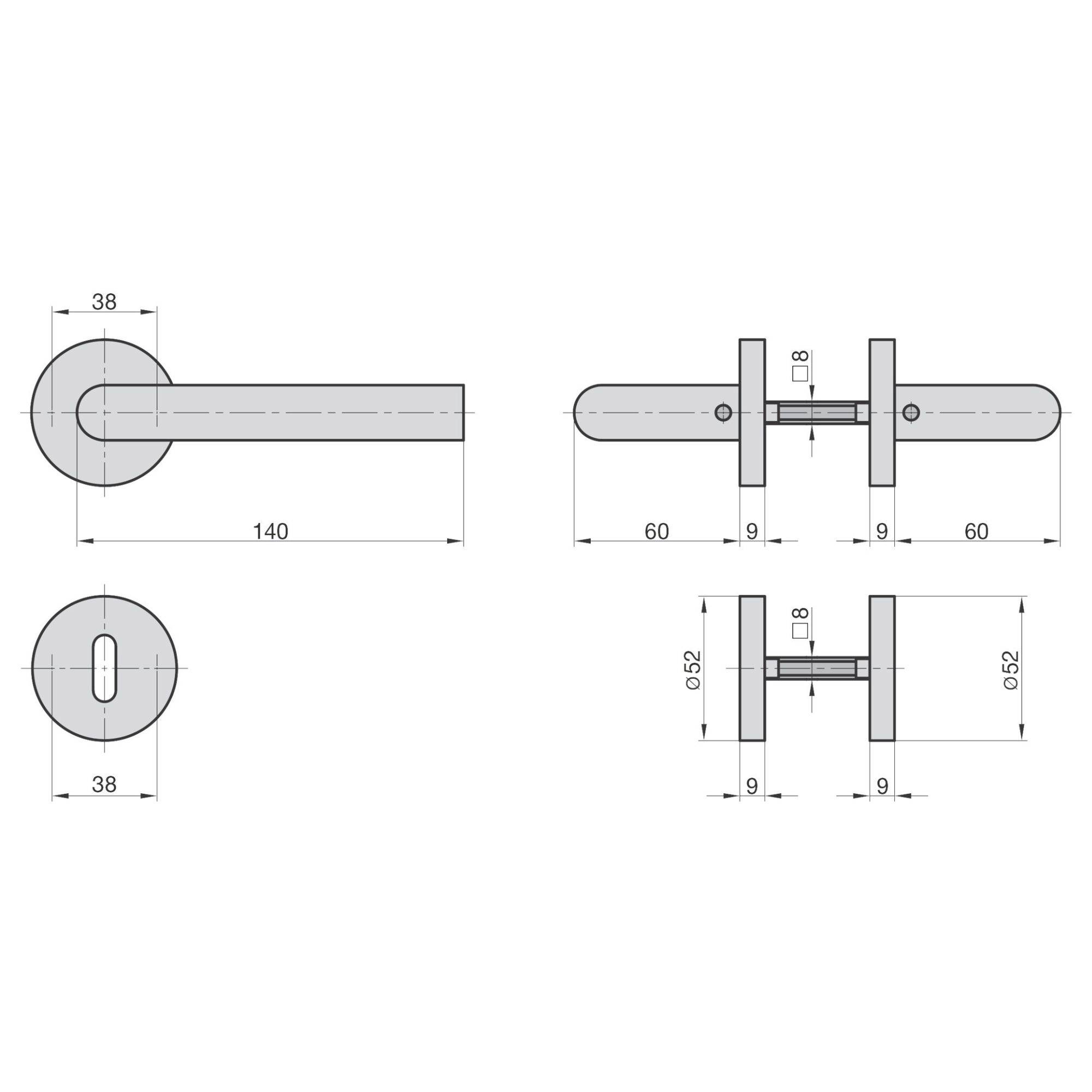 Teknisk ritning av ett dörrhandtag med dimensioner. Visar sido-, front- och ovanifrånvy: Längd 140 mm, diameter 38 mm.