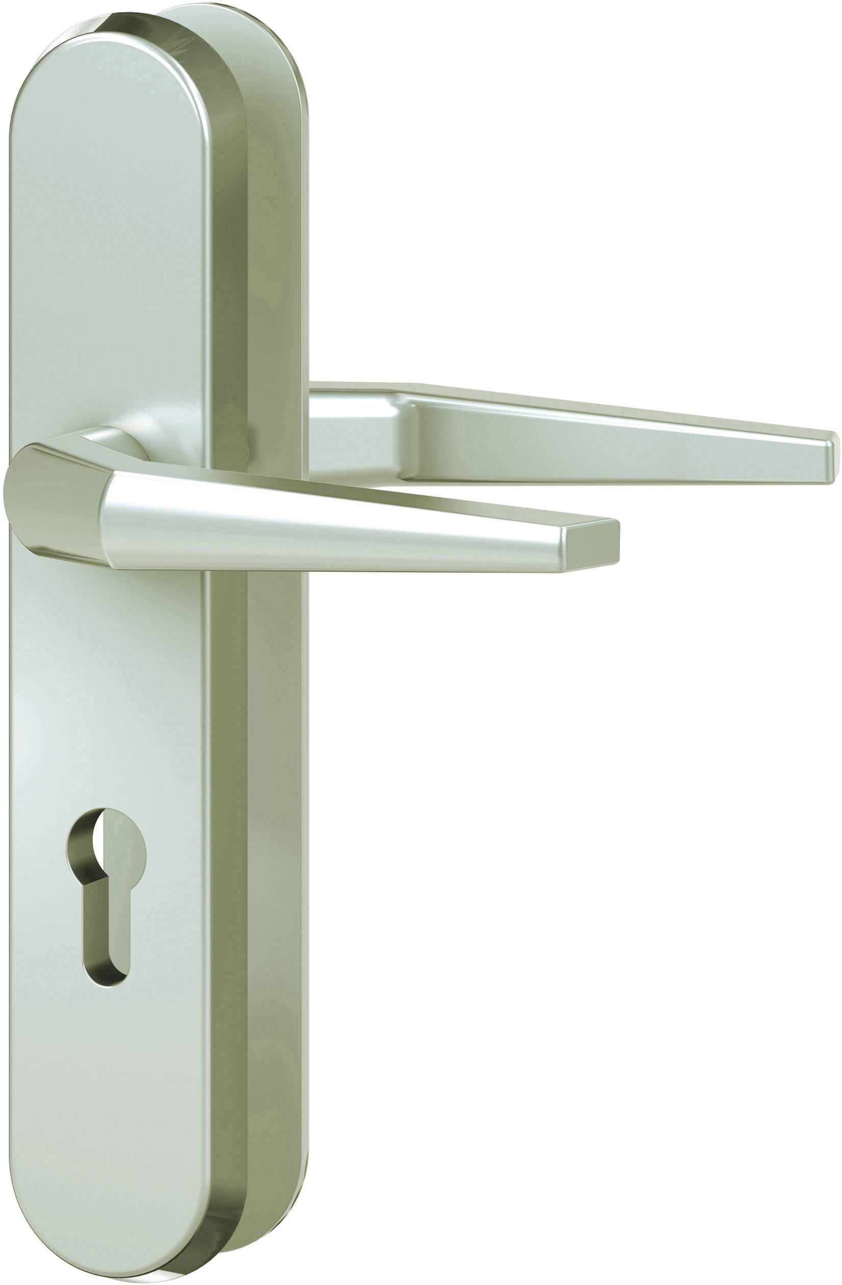 Silverförsedd dörrtrycksgarnityr med nyckelhål, modern och blank finish.