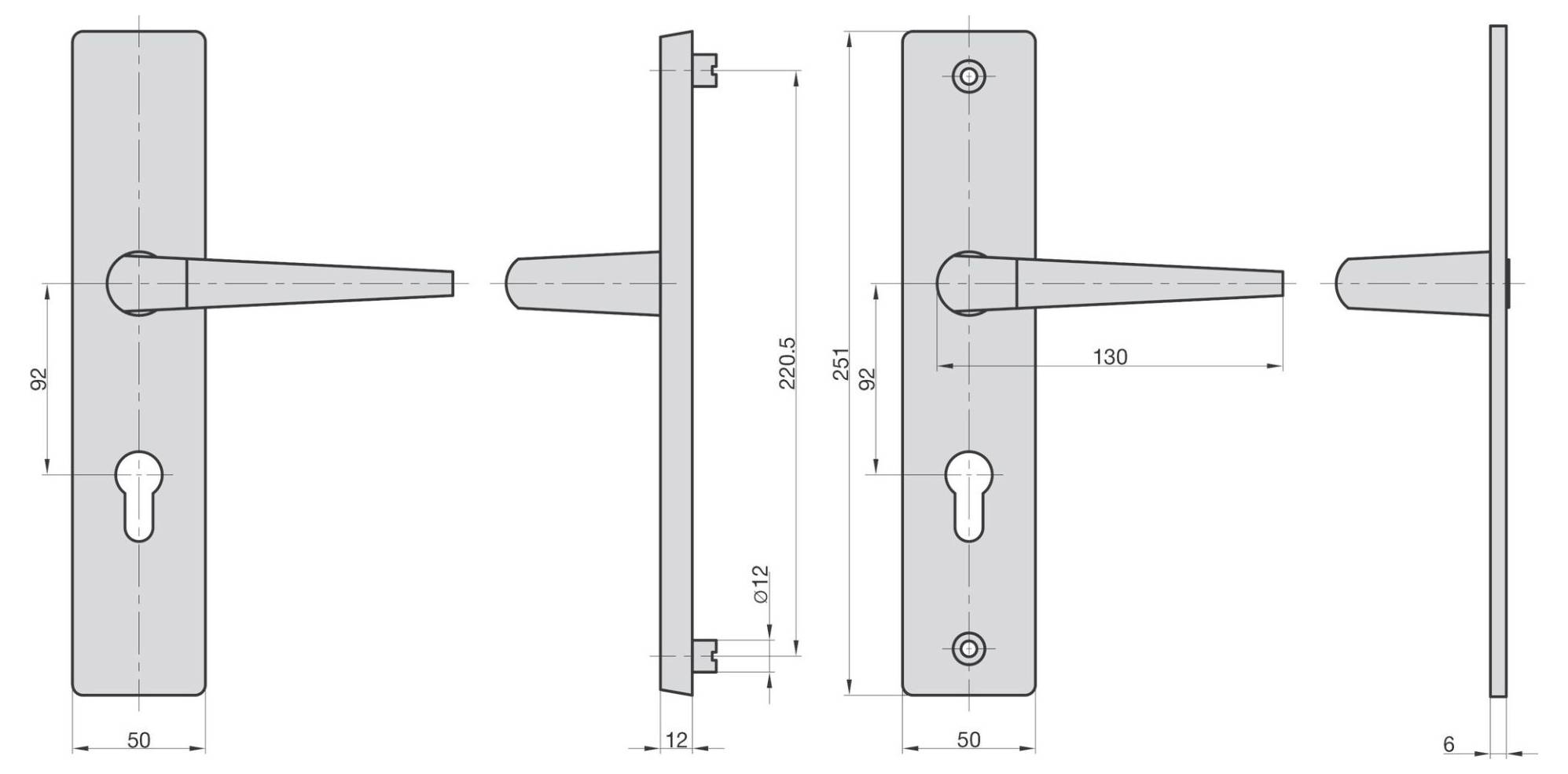 Teknisk ritning av ett dörrhandtag med mått: 92 mm bredd, 221 mm höjd, 130 mm handtagslängd, nyckelhål inkluderat.