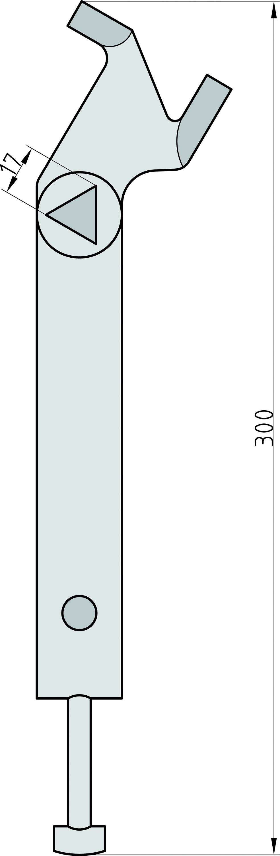 Teknisk ritning av en skiftnyckel med en total längd på 300 mm, en öppen ände och en skruvmutter i den nedre änden.