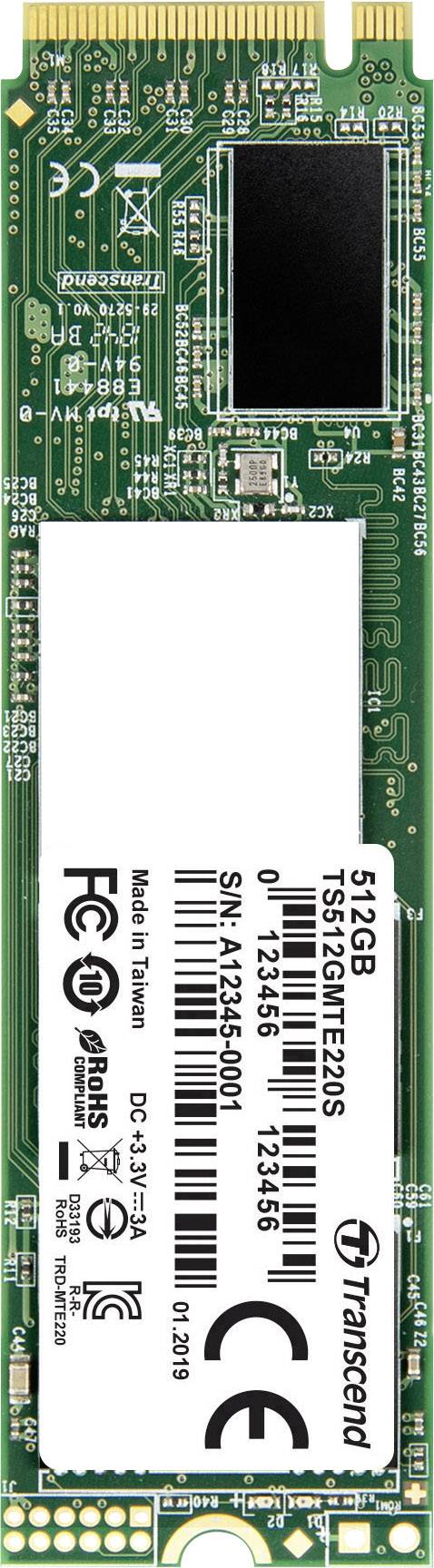 M.2 NVMe SSD från Transcend med 512 GB kapacitet. Det gröna kretskostet och diverse chips är synliga. Klistermärke med tekniska detaljer.