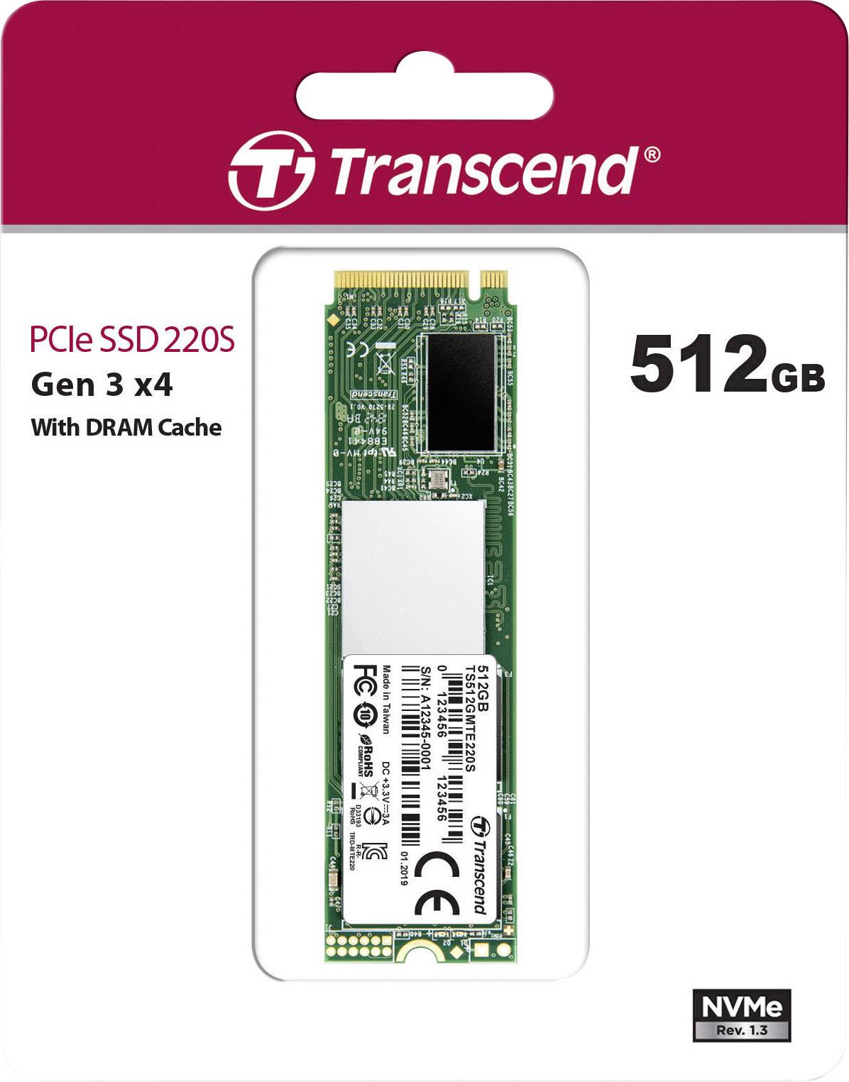 Transcend SSD PCIe 220S, Gen 3 x4, 512 GB med DRAM-cache. Förpackningen visar SSD med tekniska detaljer.