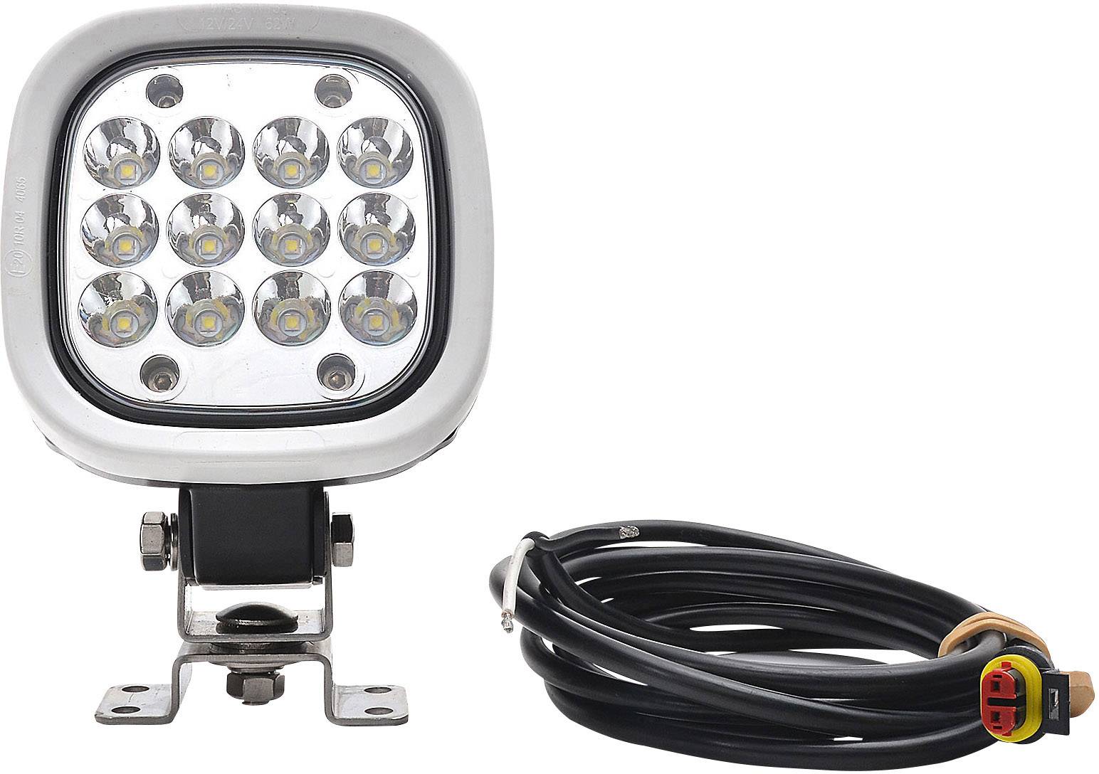 En rektangulär LED-strålkastare med elva lampor och svart hölje. Bredvid finns en lång svart kabel med kontakt.