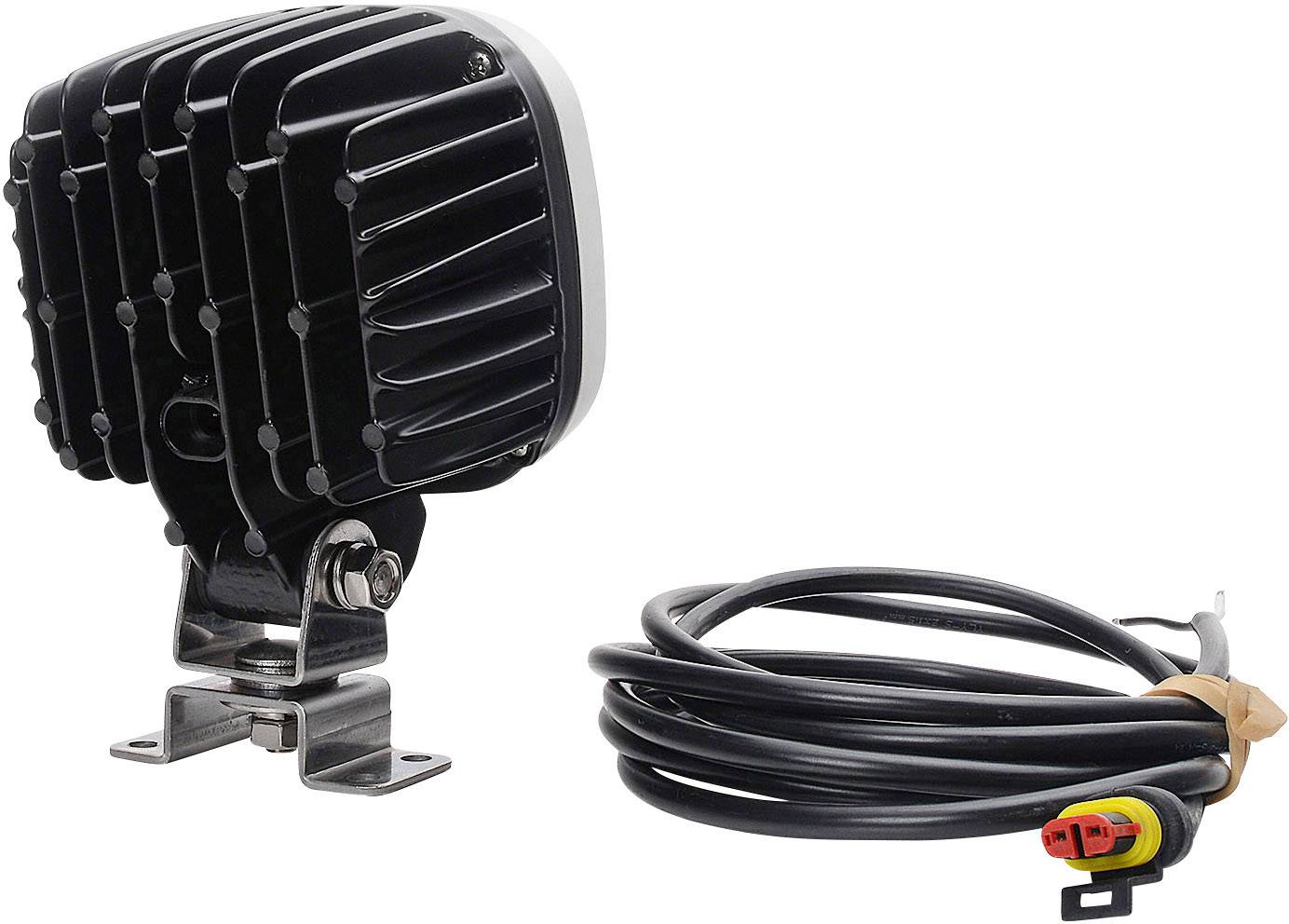 Svart-vit LED-arbetsstrålkastare med kabel och kontakt, lämplig för användning i fordon eller maskiner.