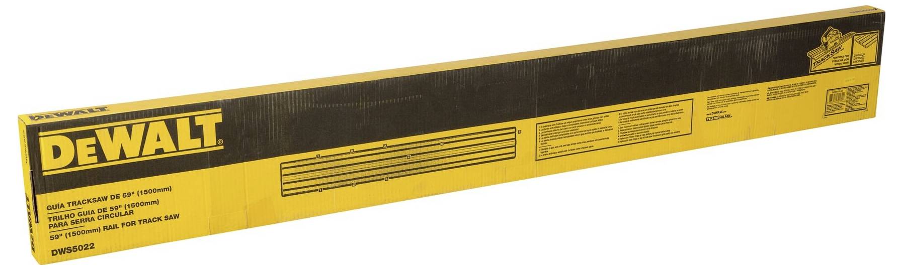 En lång, gul förpackning från DeWalt med svart logotyp och text, innehåller ett sågblad för bordssågar; modell DWS5022.