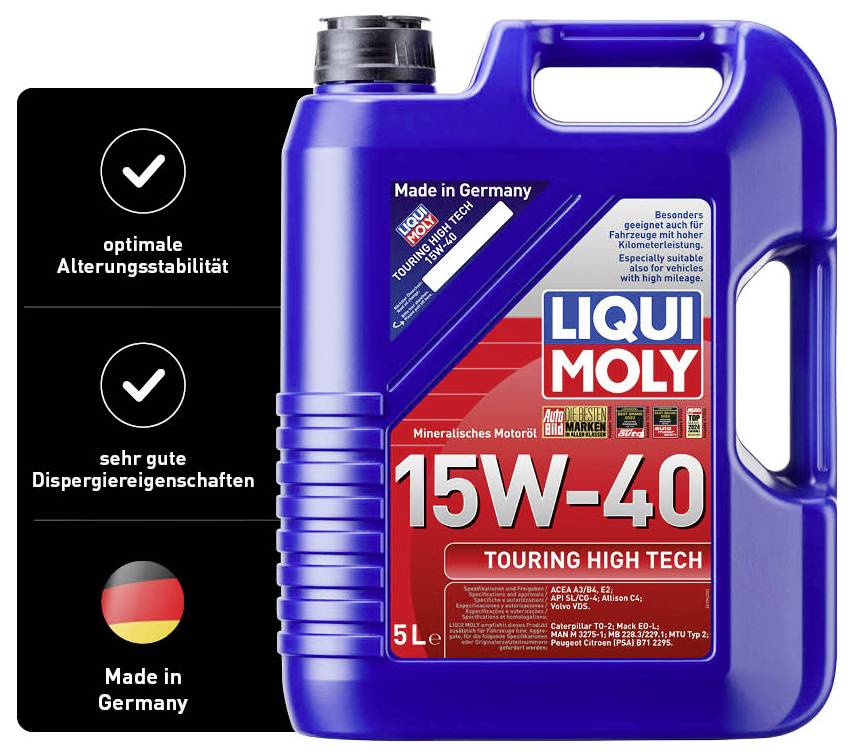 Dunken innehåller 5 liter Liqui Moly 15W-40 motorolja. Text på svart etikett: 'optimal åldringsbeständighet', 'mycket goda dispergeringsegenskaper', 'Tillverkad i Tyskland'.
