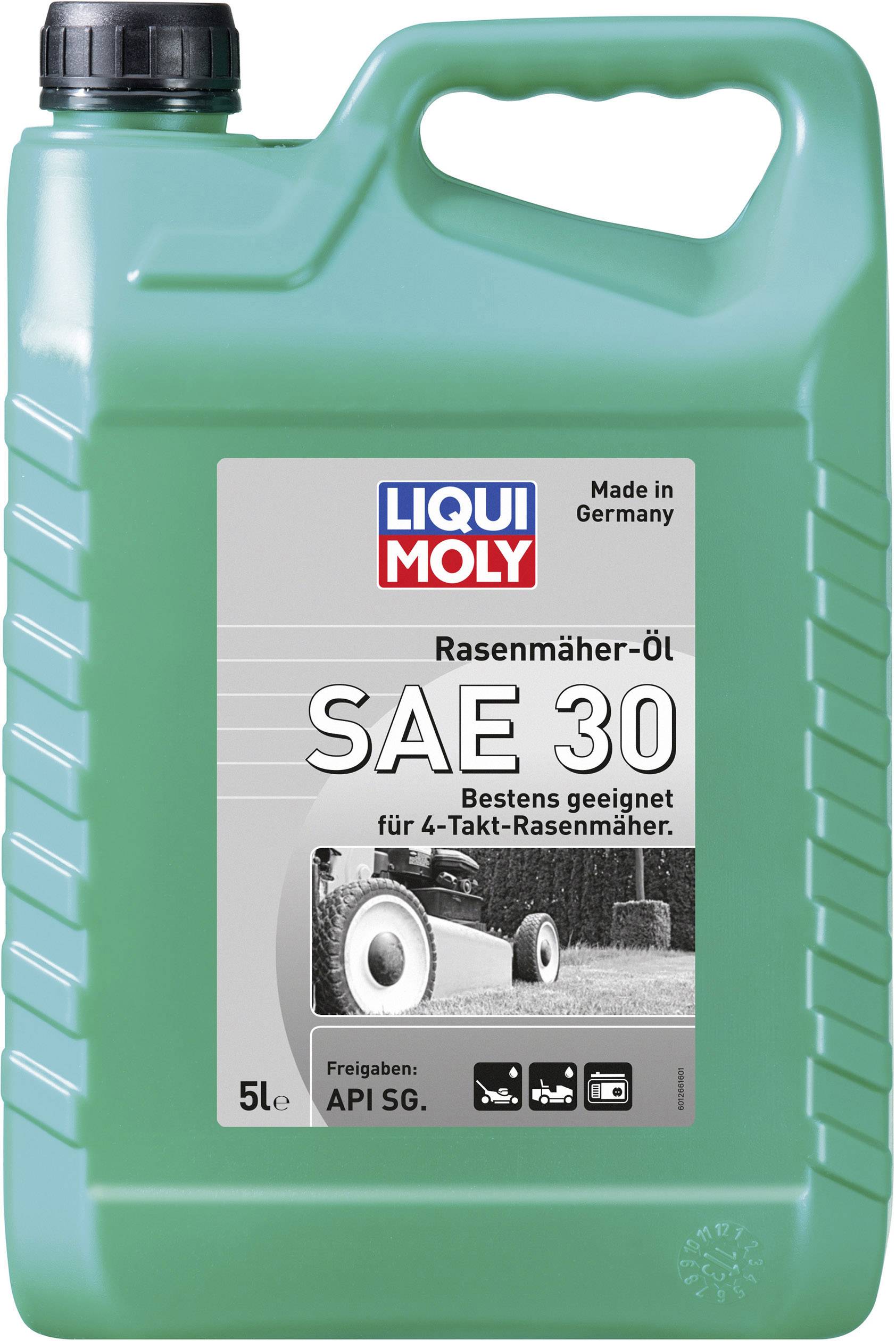 En 5-liters dunk Liqui Moly gräsklipparolja, SAE 30, lämplig för 4-taktsgräsklippare, API SG-certifierad, tillverkad i Tyskland.