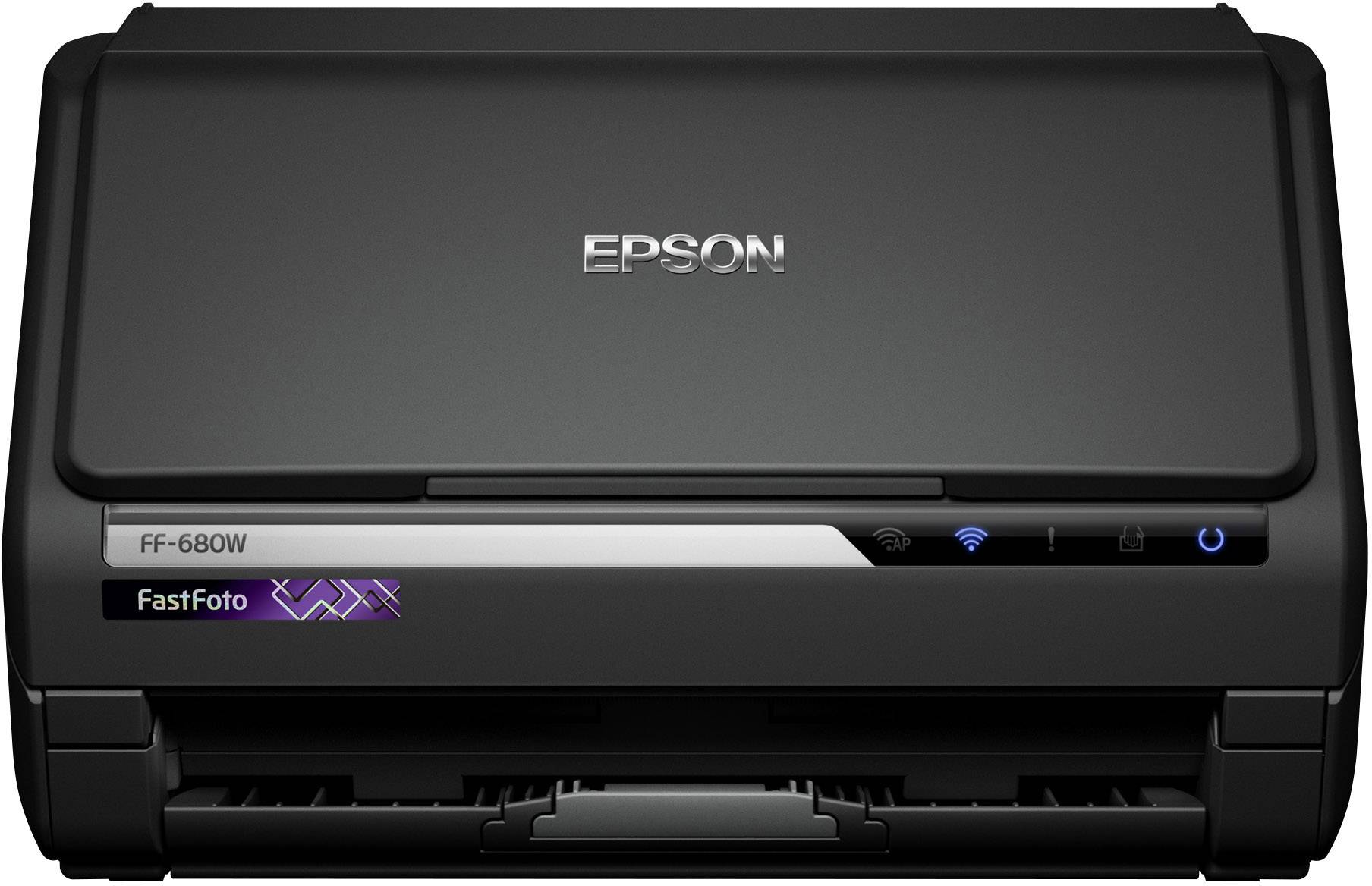 En svart Epson-skanner, modell FF-680W, med stängd lock. Lämplig för snabb skanning av foton och dokument.